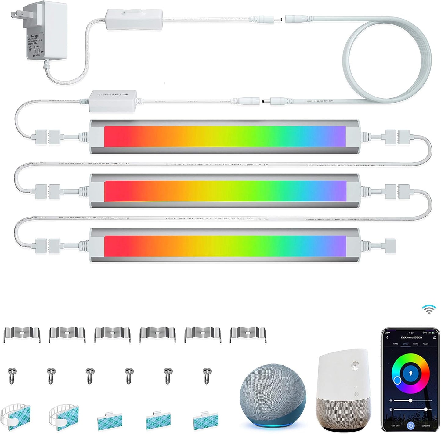 LAMPAOUS LED Under Counter Lights Fixtures for Kitchen,Smart Cabinet Lighting Strips Plug in Compatible with Alexa,Google Assistant,App,RGB Color Changing & White Dimmable,12Inch Linkable,Bright,3pcs