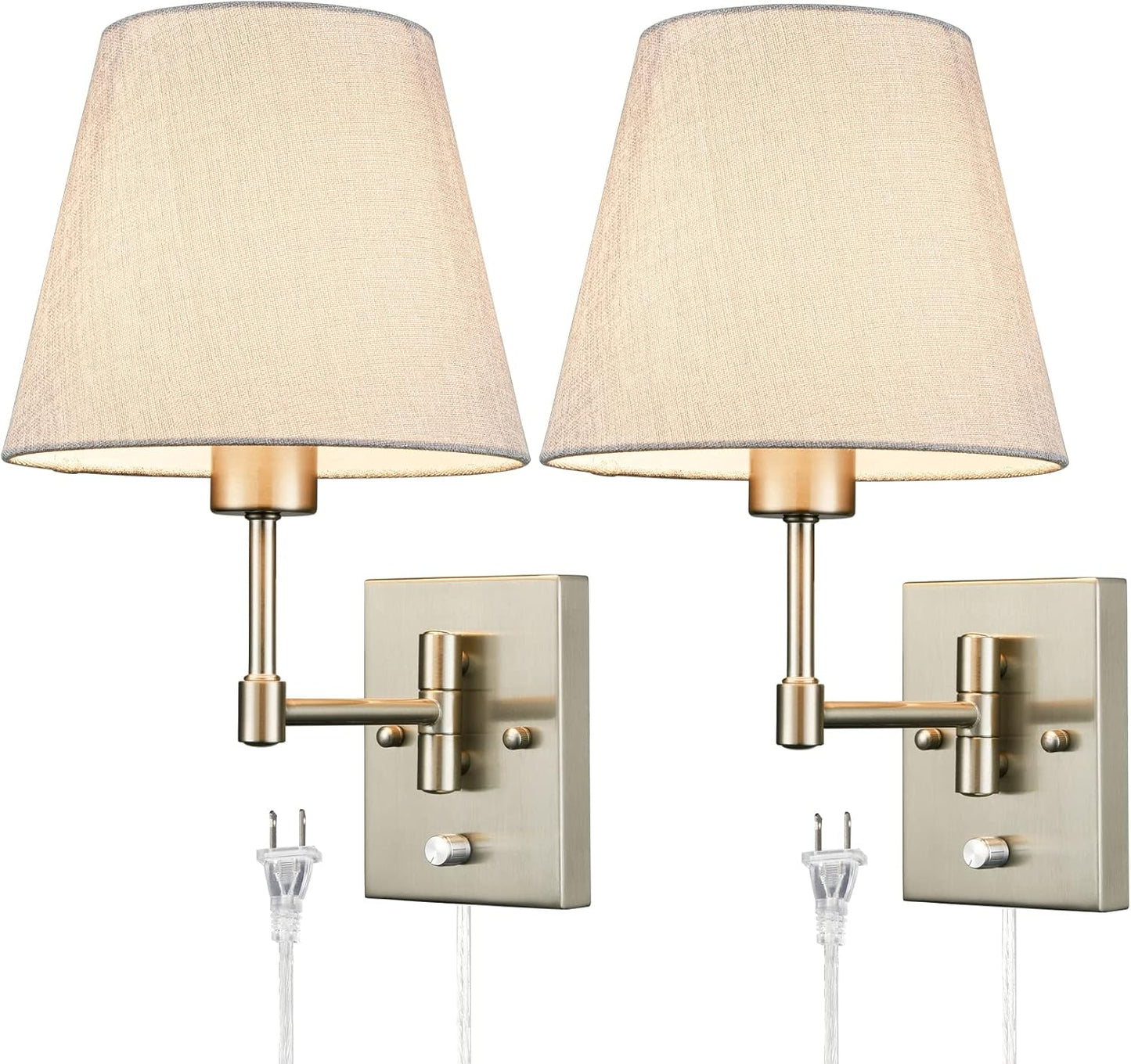 SAMTEEN Swing Arm Wall Sconces Set of Two Plug in Wall Lamp with Grey Fabric Shade and On Off Switch Wall Light for Bedside Living Room Hallway, Brushed Nickel Finish