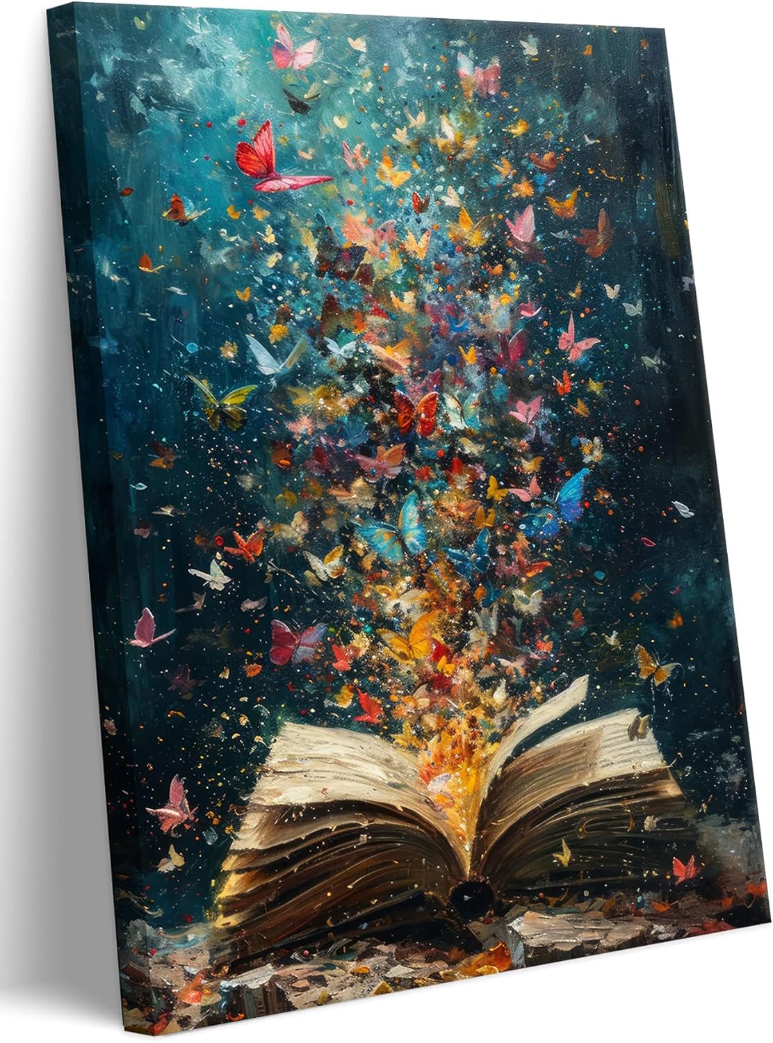 Colorful Butterfly Canvas Wall Art Retro Books Oil Painting Style Wall Decor Picture Butterflies Exploding in Books Poster Print for Library Reading Room Bedroom Modern Reading Concept Home Decoration