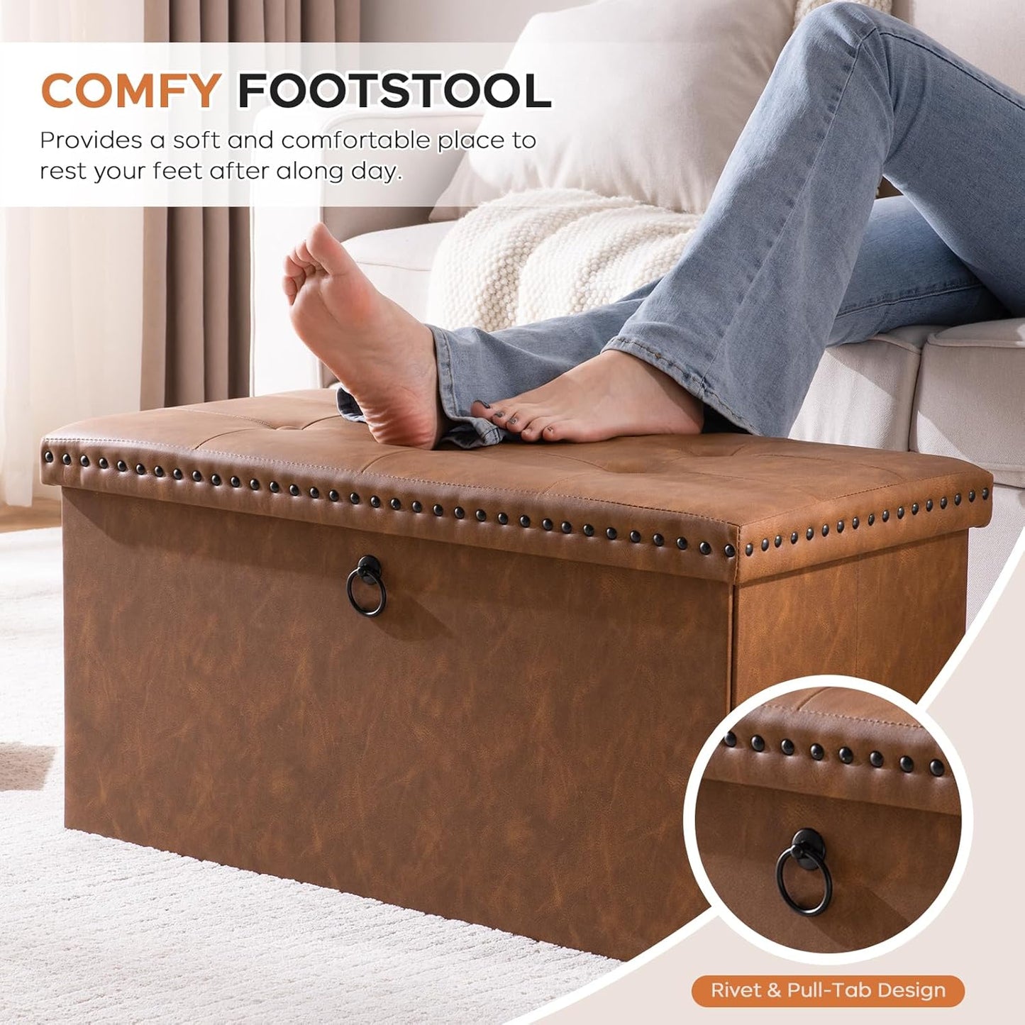30 Inches Folding Storage Ottoman Bench, Ottoman PU Leather Tuffed End of Bed Bench, Foot Rest with Rivet Design, Ottoman with Storage, Load 330 lb, for Living Room, Bedroom, Entryway, Brown