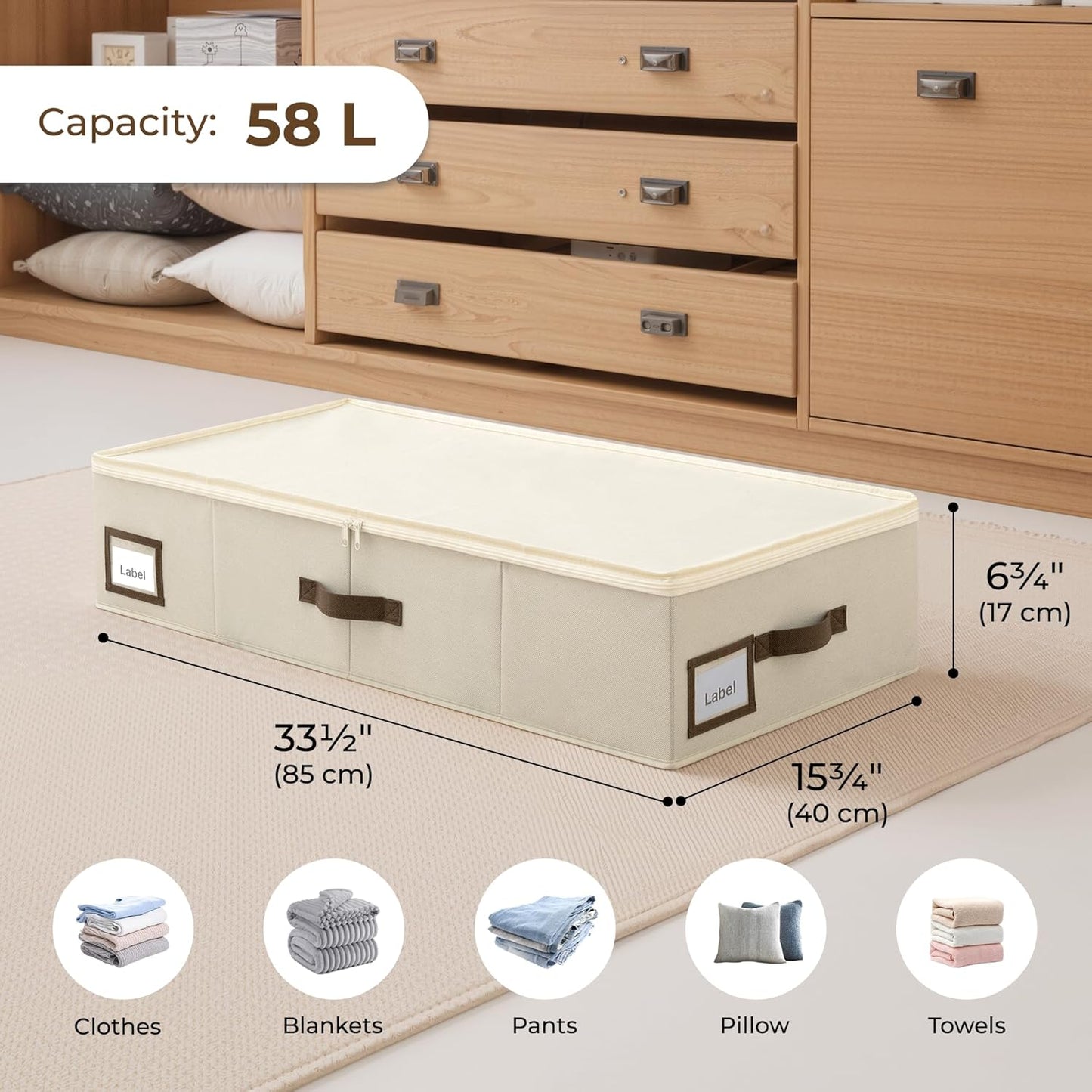Cupic Cupid Under Bed Storage Containers, Foldable Organizer with Lid for Bedroom, Underbed Storage Box for Blankets, Clothes, Shoes, 2 Pack, Beige