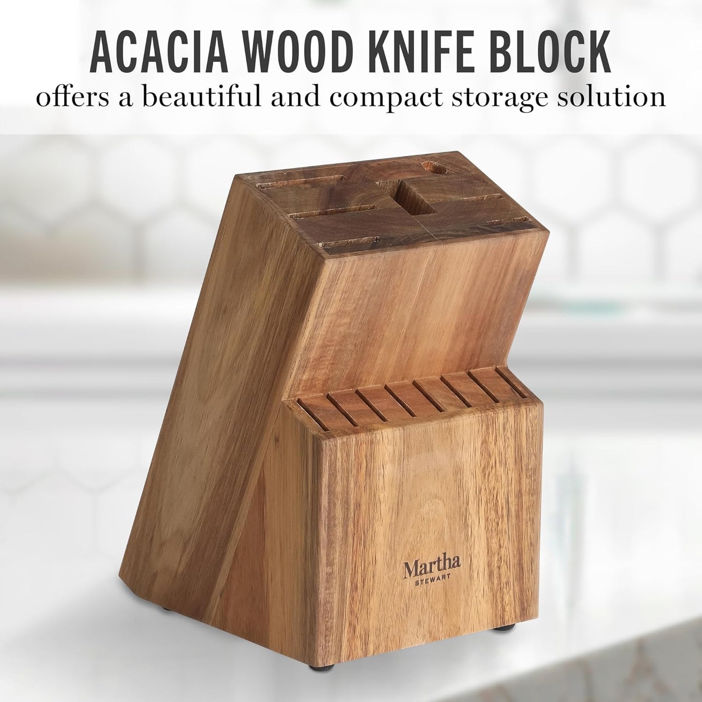 Martha Stewart 16 Piece Lockton High Carbon Stainless Steel Cutlery Kitchen Knife Block Set W/ABS Triple Riveted Forged Handle Acacia Wood Block - Linen White W/Gold