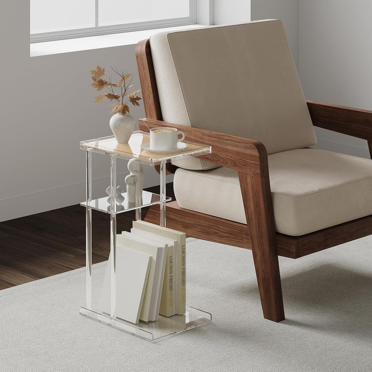 HMYHUM 3-Tier Acrylic Rattan Side Table for Small Spaces, Clear C Shaped End Table for Couch, Living Room, Bedroom, 15.5''L x 11.6''W x 25''H, Modern