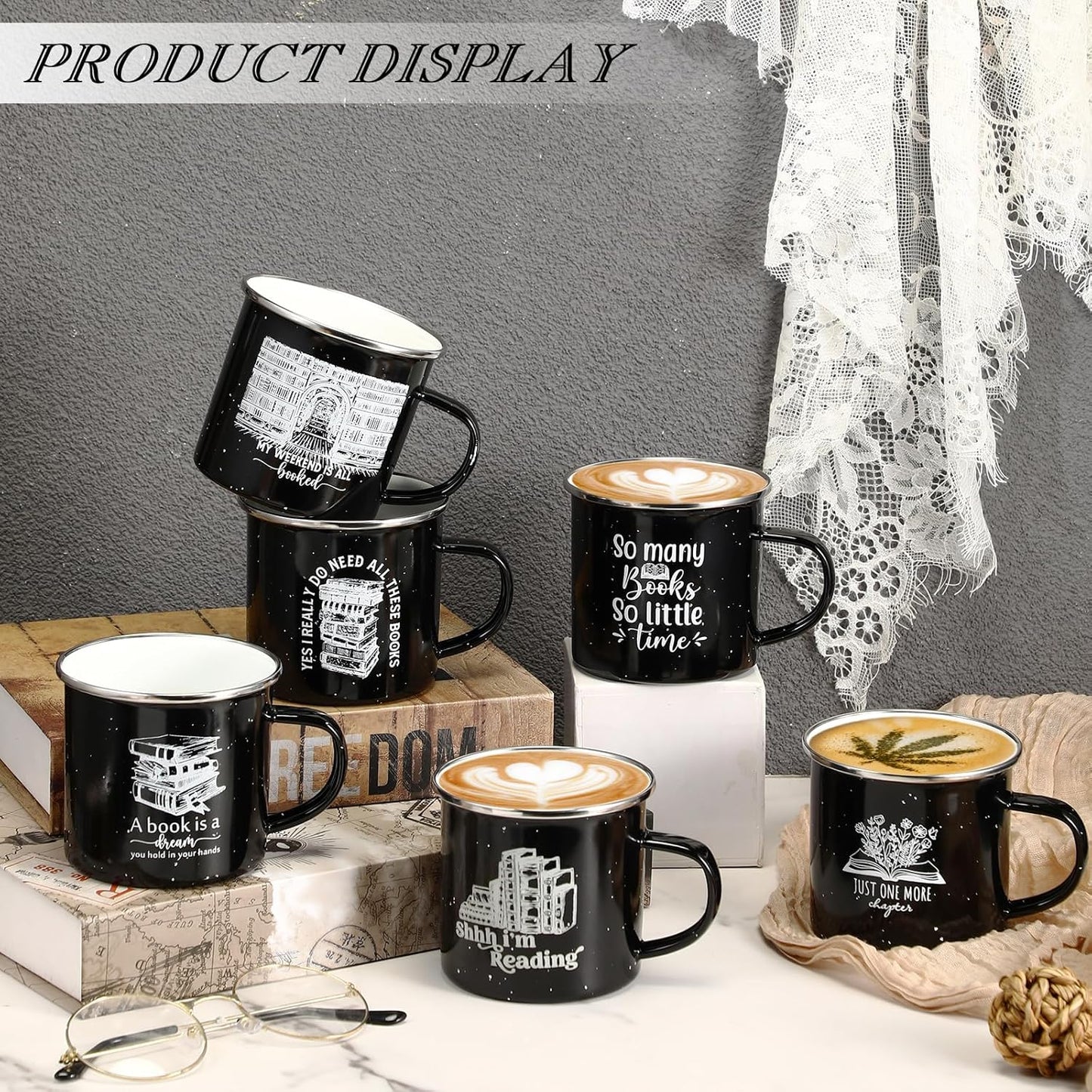 Hushee 6 Pack Book Lovers Gifts Enamel Mugs 12oz Book Coffee Mugs for Women Librarians Coffee Drinking Cups Gift for Bookish Men Writers Reader Library Reading Teacher, 6 Style(Black)