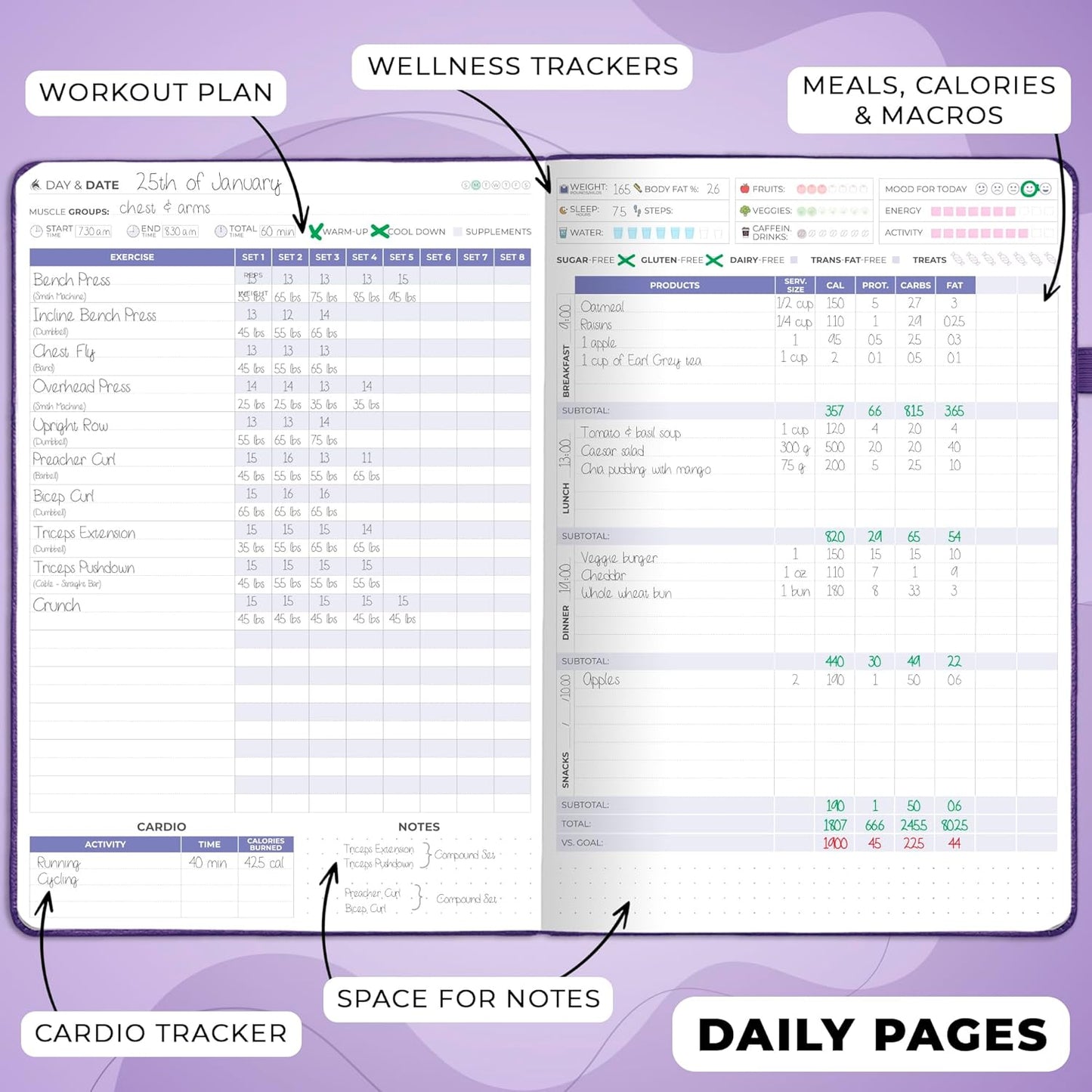 Clever Fox Fitness & Food Journal PRO – Daily Workout & Meal Planner for Women & Men – Exercise & Weight Loss Diary Notebook, 7.3x10.4” (Purple)