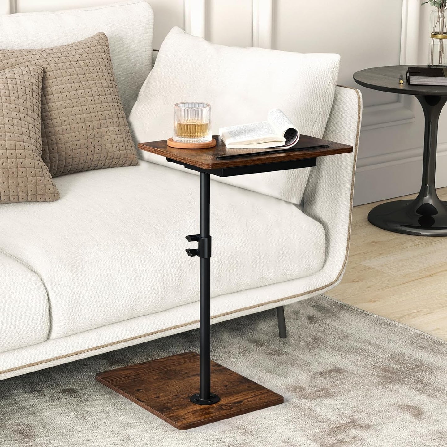 Waipfaru Swivel Height Adjustable Side Table Sofa Tray, Tiltable Sofa Bed Bathroom Study TV Tray C Shaped End Table Food Snack Trays for Eating