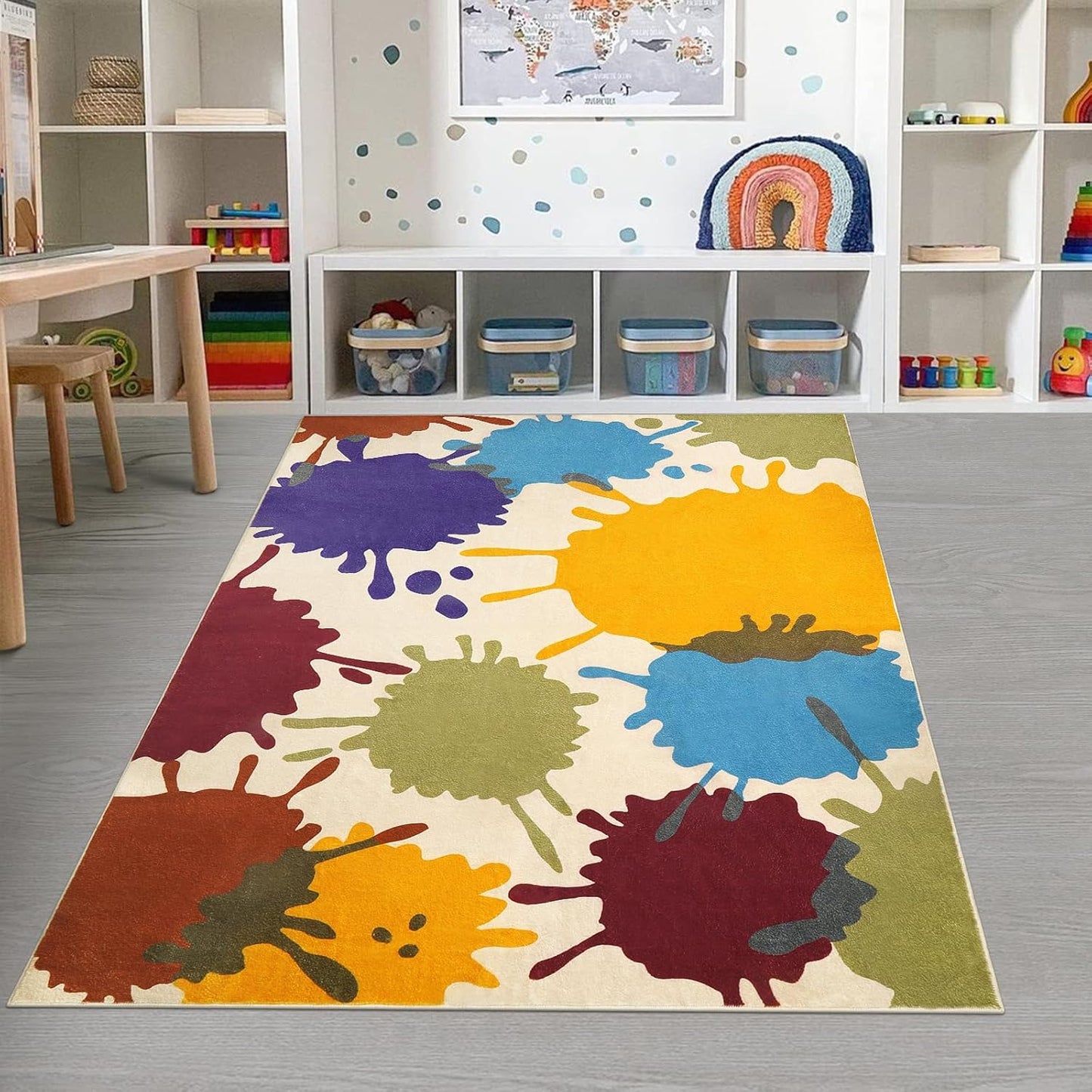 STARUIA Colorful Area Rug, 5'x7' Classroom Rug for Kids, Paint Splash Washable Rugs for Playroom, Non-Slip Rainbow Nursery Rugs Soft Living Room Carpet for Bedroom Dining Room Kids Room
