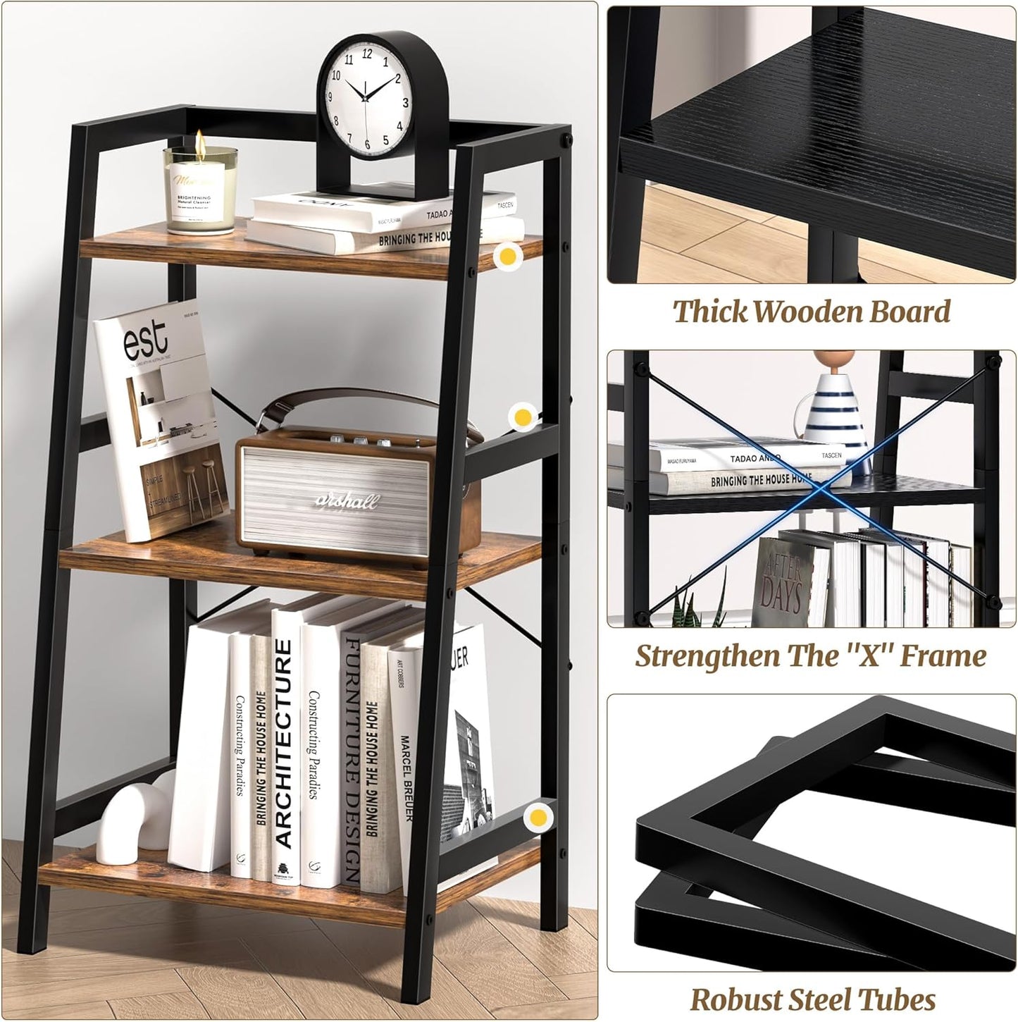 3-Tier Bookshelf, Ladder Shelf, Industrial Bookcase with Steel Frame, Metal Small Bookcase, stand up shelves for Living Room, Home Office, Kitchen, Bedroom, Industrial Style（Rustic Brown & Black）