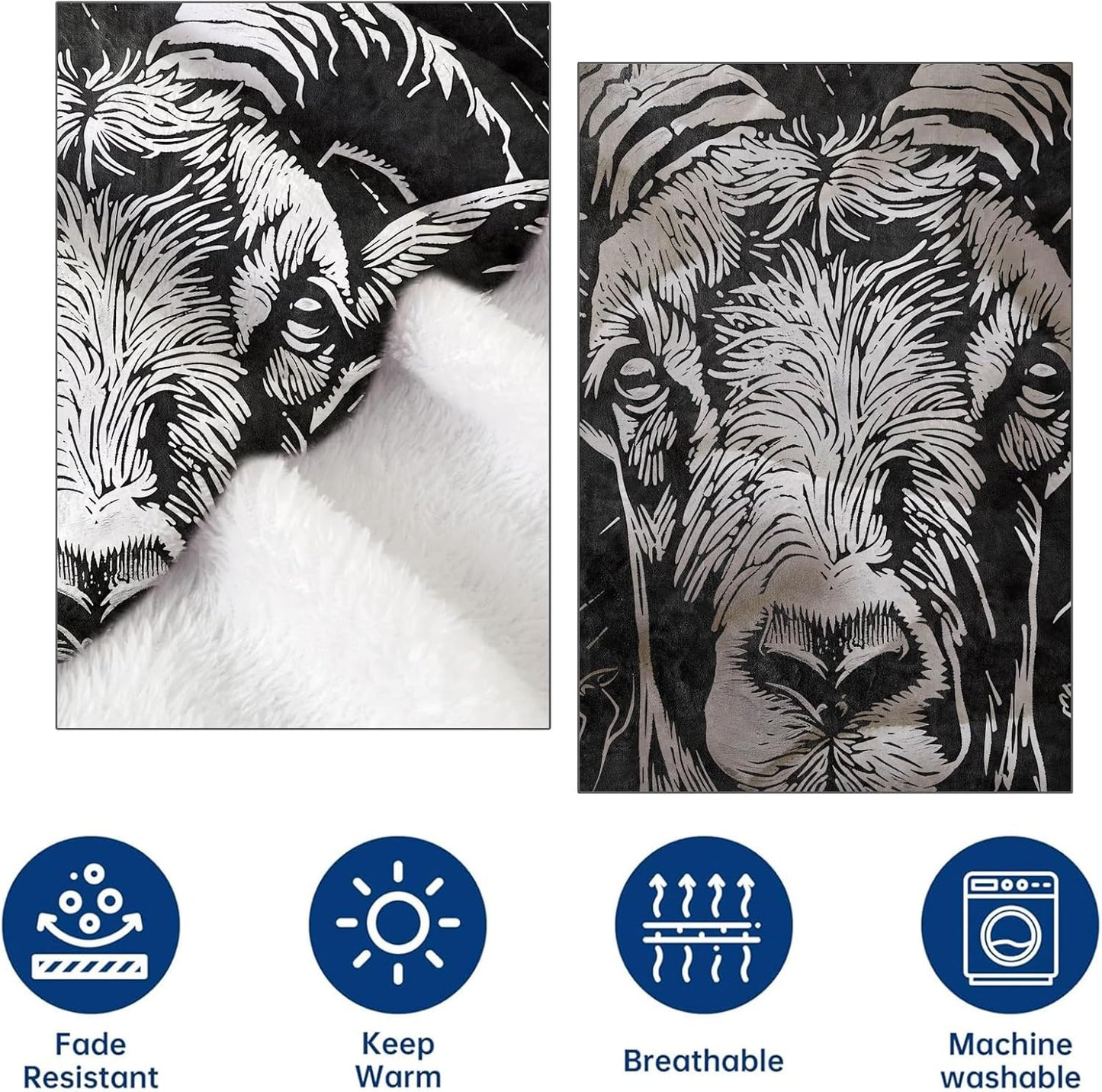 Goat Flannel Throw Blanket 50x60 Inch, Bold Black and White Mountain Sheep Blankets Soft Cozy Fleece Throws for Animal Lover Bed Sofa Dorm Living Room Rustic Home Decor Gifts
