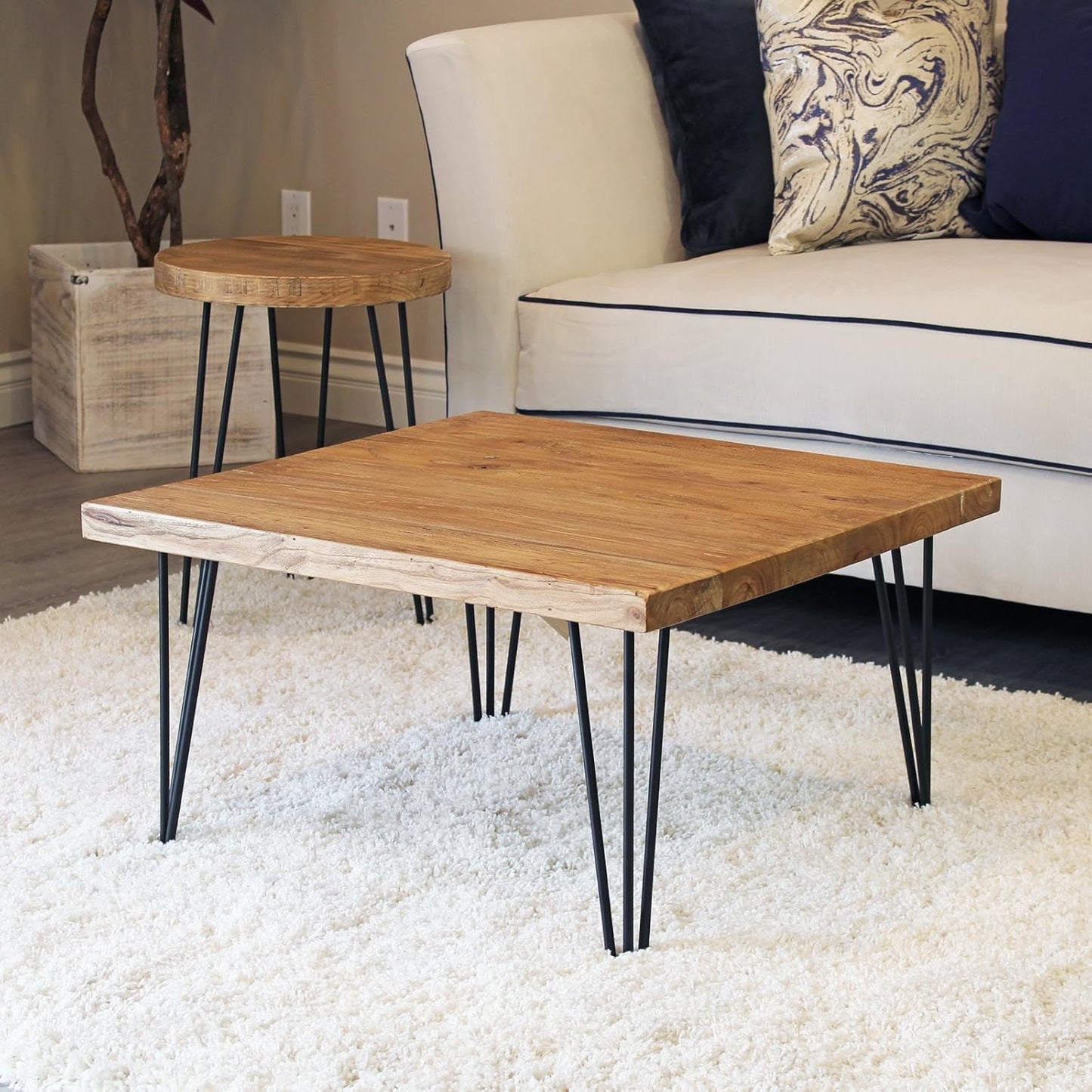 WELLAND Square Reclaimed Old Elm Coffee Table 27.5 in x 27.5 in x 16 in Accent Vintage Coffee Table Rustic Wood Table for Living Room Patio Bedroom Home Office