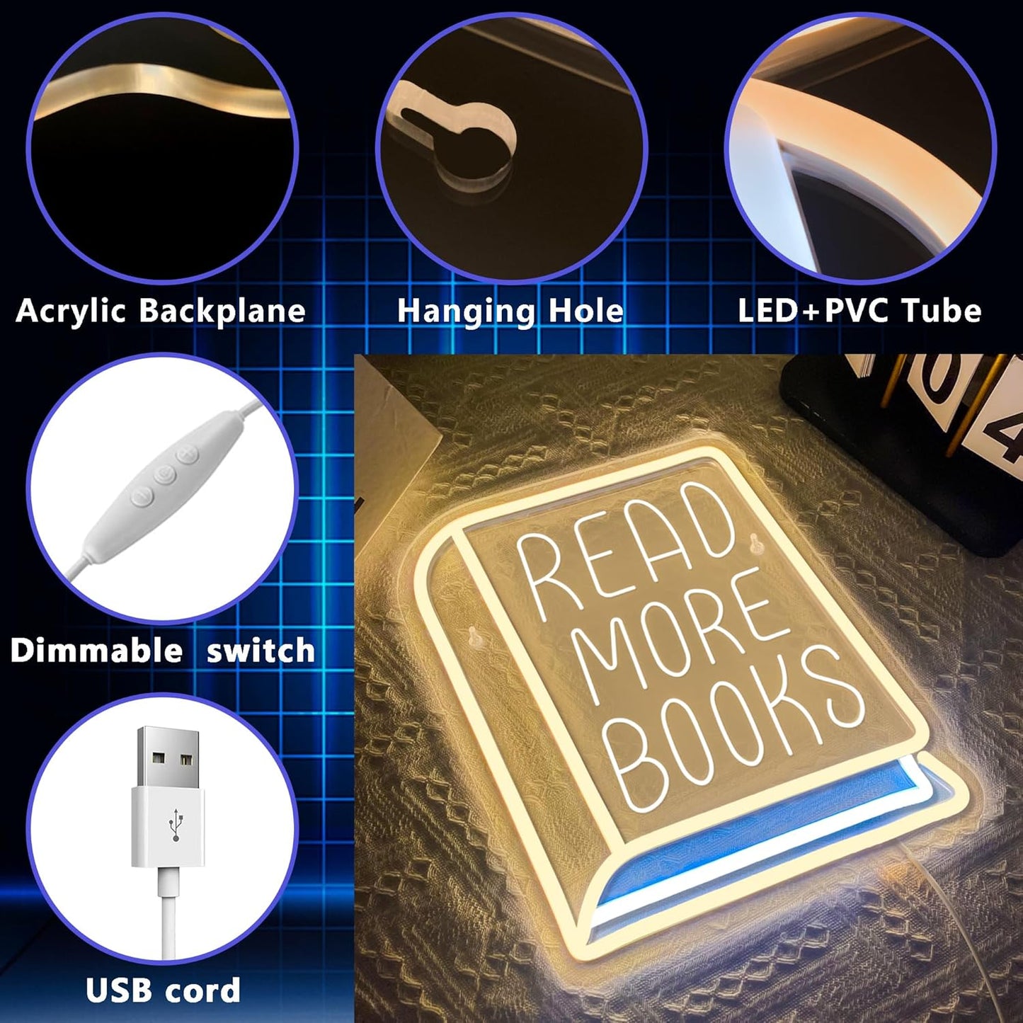Read More Books Neon Signs for Wall Decor, Dimmable Book Classroom Neon Sign, Book Club Decor, Reading Bookshelf School Library Wall Decor, Book Lover Gift, Christmas Gifts(11 * 11.8in)