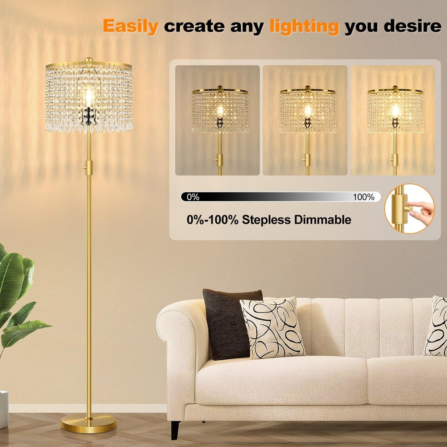 【Upgraded】 Dimmable Crystal Floor Lamps for Living Room, 1000LM LED Bulb Included, Standing Lamp with Knob Switch, Tall Gold Pole Light for Bedroom Nursery Office Corner Reading