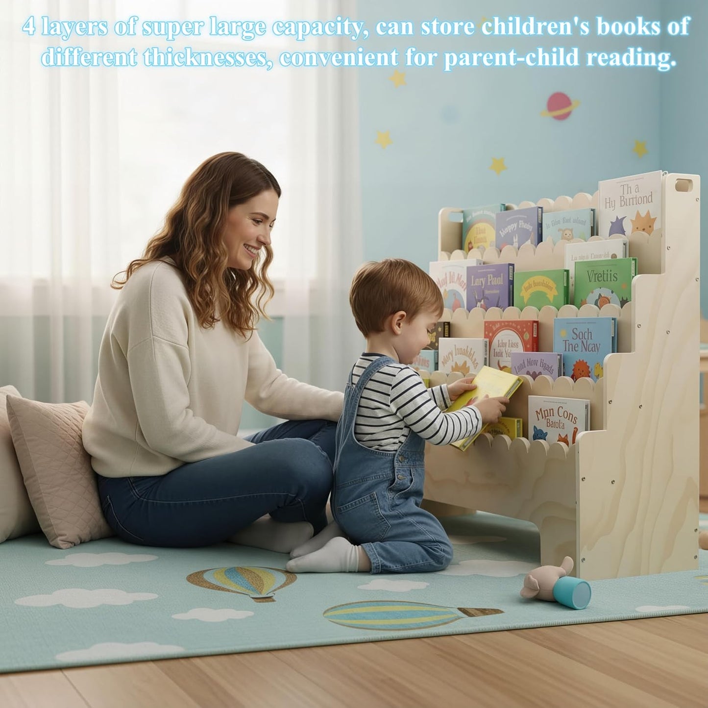 Kids Bookshelf 4-Tier, Natural Wood Children's Bookshelf, Scalloped Toddler Book Shelf, Baby Nursery Book Shelf, Display Front Facing Montessori Bookcase for Kids Room Playroom Nursery