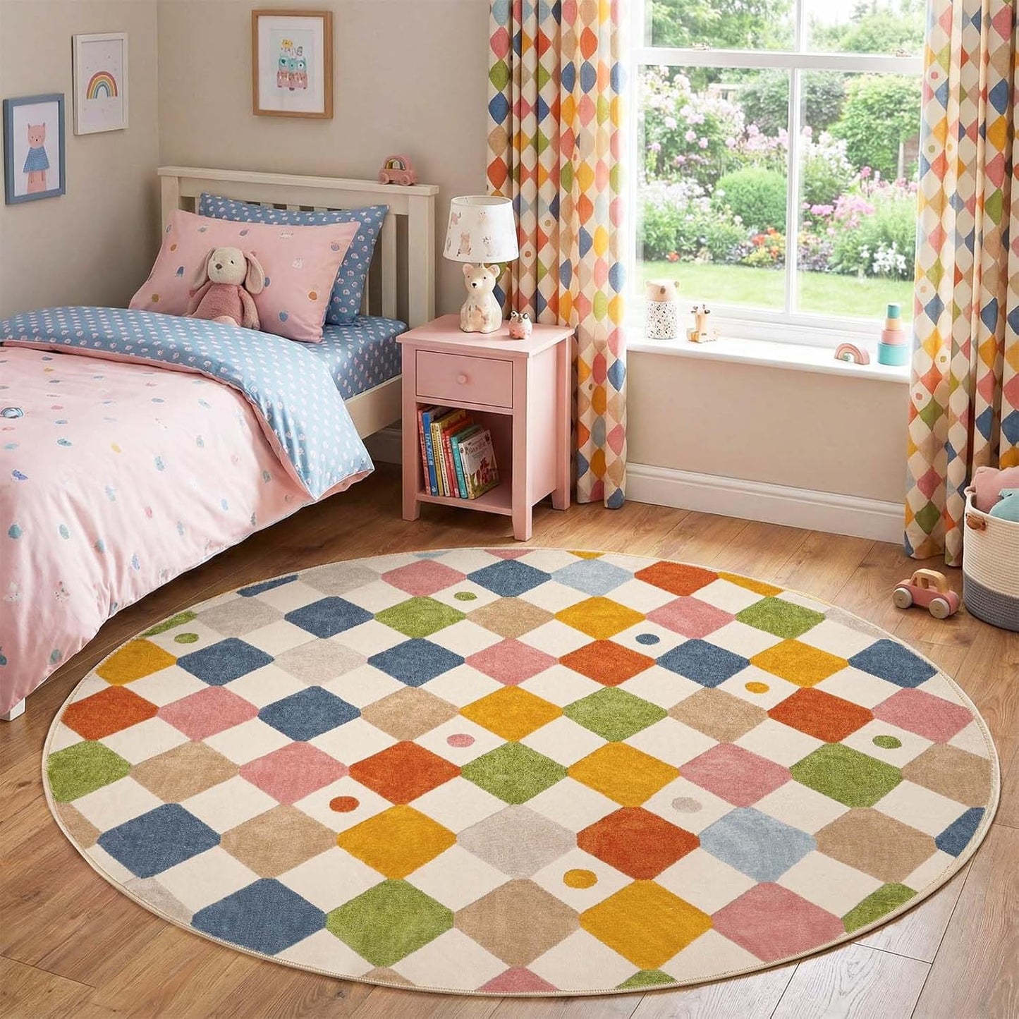 jinchan Macy 6ft Kids Round Rug for Classroom Modern Colorful Checkered Diamond Playroom Rug Indoor Washable Soft Non Slip Carpet for Nursery Living Room Bedroom Daycare Circus on Cream