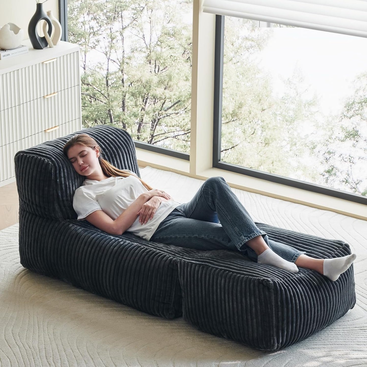 69 Inch Chaise Lounge Chair Indoor, Oversized Corduroy Upholstered Boneless Sofa Bed, Deep Seat Sleeper Couch Reading Chairs, Cloud Couches for Living Room Bedroom, No Assembly Required (Grey)
