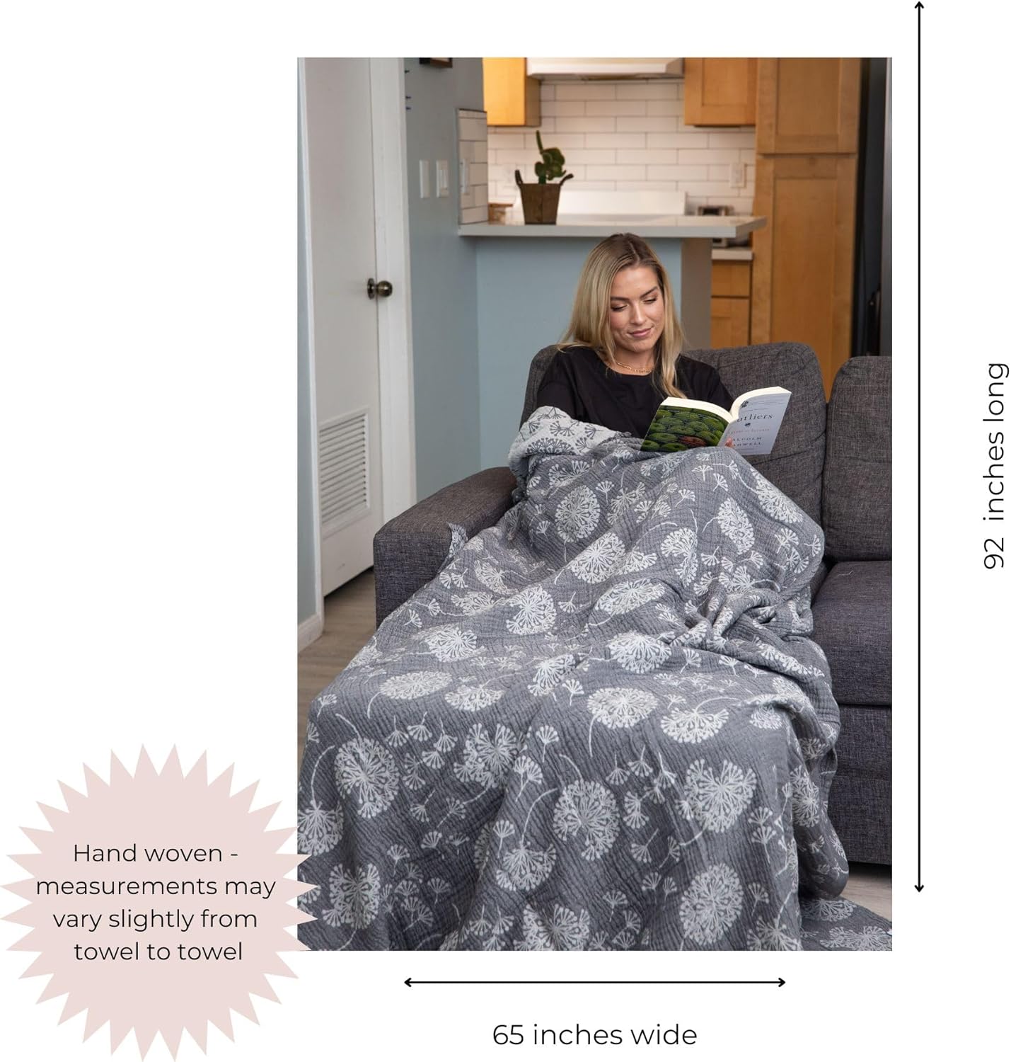 InfuseZen Large Turkish Muslin Throw Blanket - Reversible Dandelion Design -100% Turkish Cotton Gauze - 92" x 65" - Soft, Thin, Lightweight, Breathable - Sofa, Bed, Picnic, Beach - Charcoal/Grey