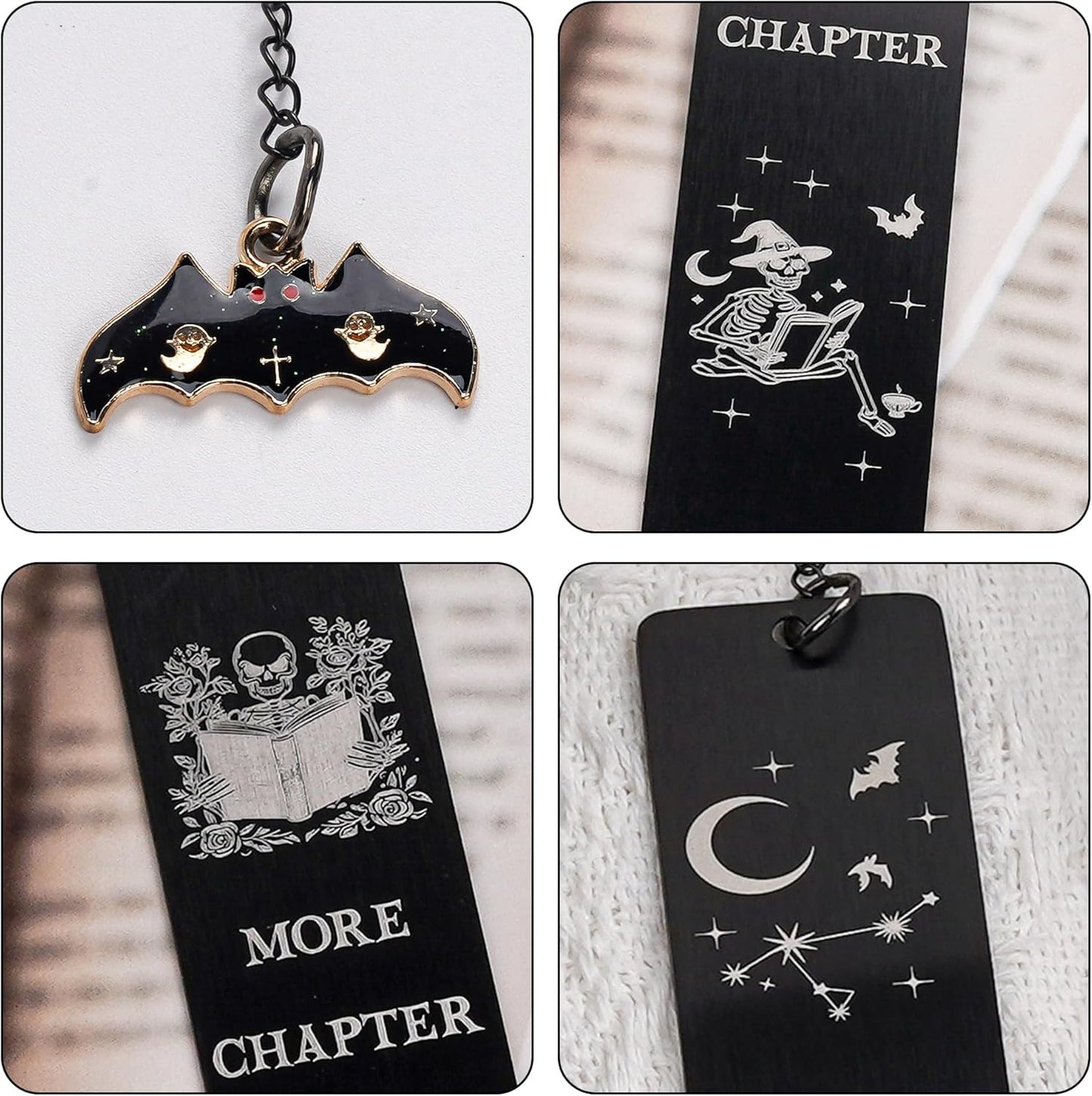Gothic Skeleton Metal Bookmark Gifts - Just One More Chapter Bookmarks for Readers, Funny Book Lover Present for Birthday Halloween Christmas Graduation (Black)