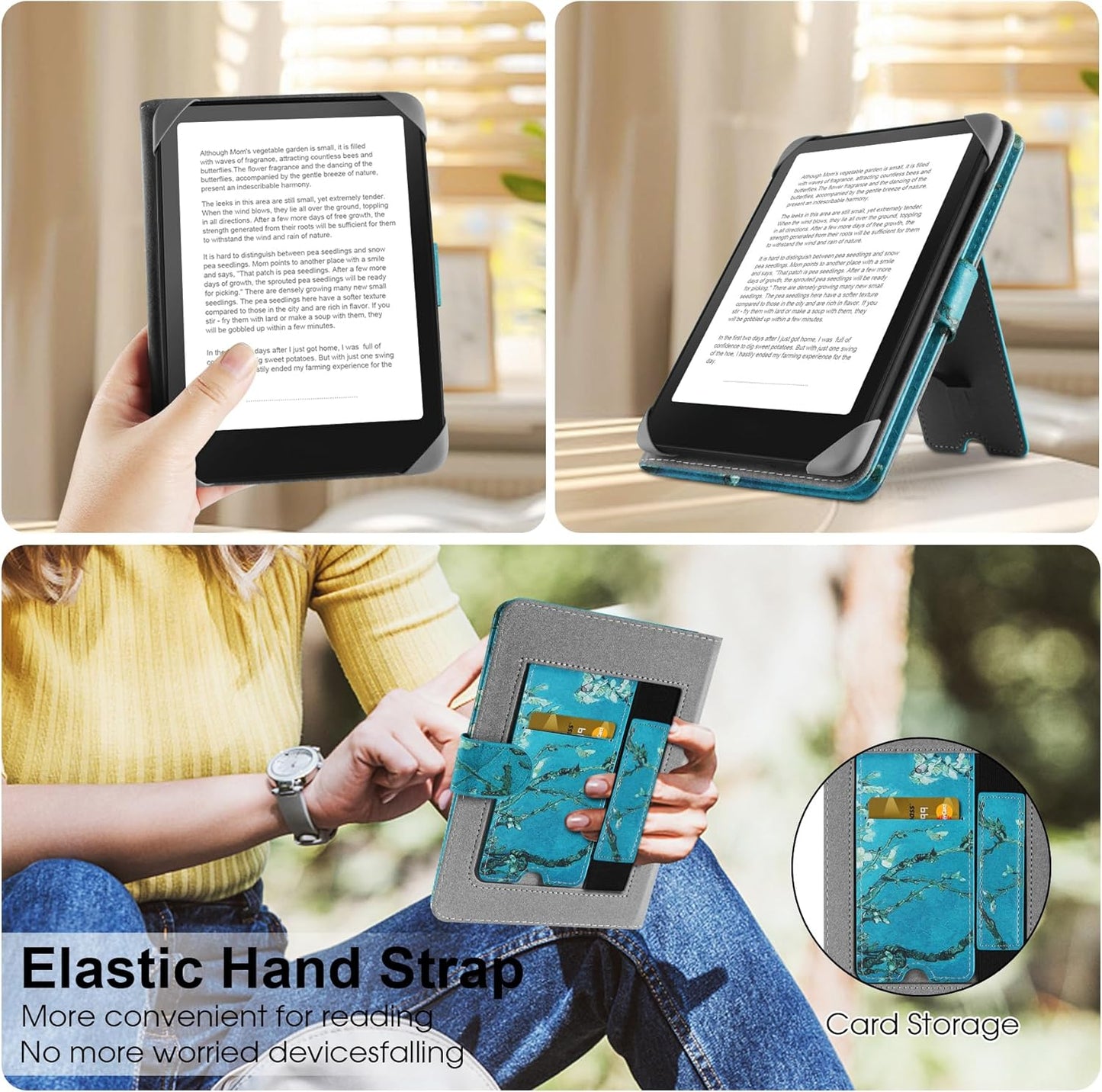 Universal Case for 7 inch Kindle Paperwhite/Colorsoft 2024 Compatible with 6.8" Paperwhite Kobo Clara HD/Kobo Clara 2E eReader Protective Cover with Foldable Stand Built-in Pocket,Flower