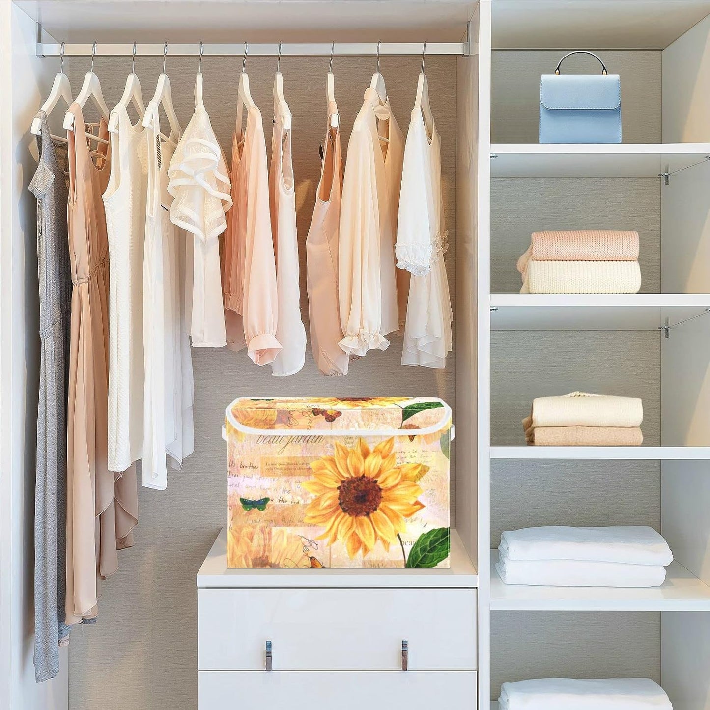 SUABO Vintage Sunflower and Butterfly Storage Bin with Lid Large Oxford Cloth Storage Boxes Foldable Home Cube Baskets Closet Organizers for Nursery Bedroom Office