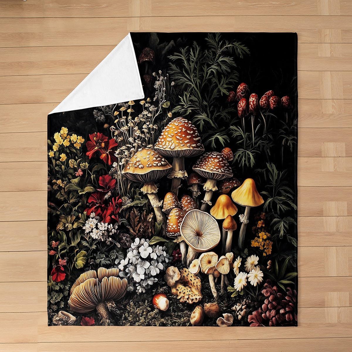 3D Mushroom Printed Throw Blanket Queen 90x90,Mushroom Decor Curtain Blanket,Bohemian Boho Plant Floral Flannel,Wild Botanical Fungus Jungle Room Decor for Adults Girls Women,Black,Soft Lightweight