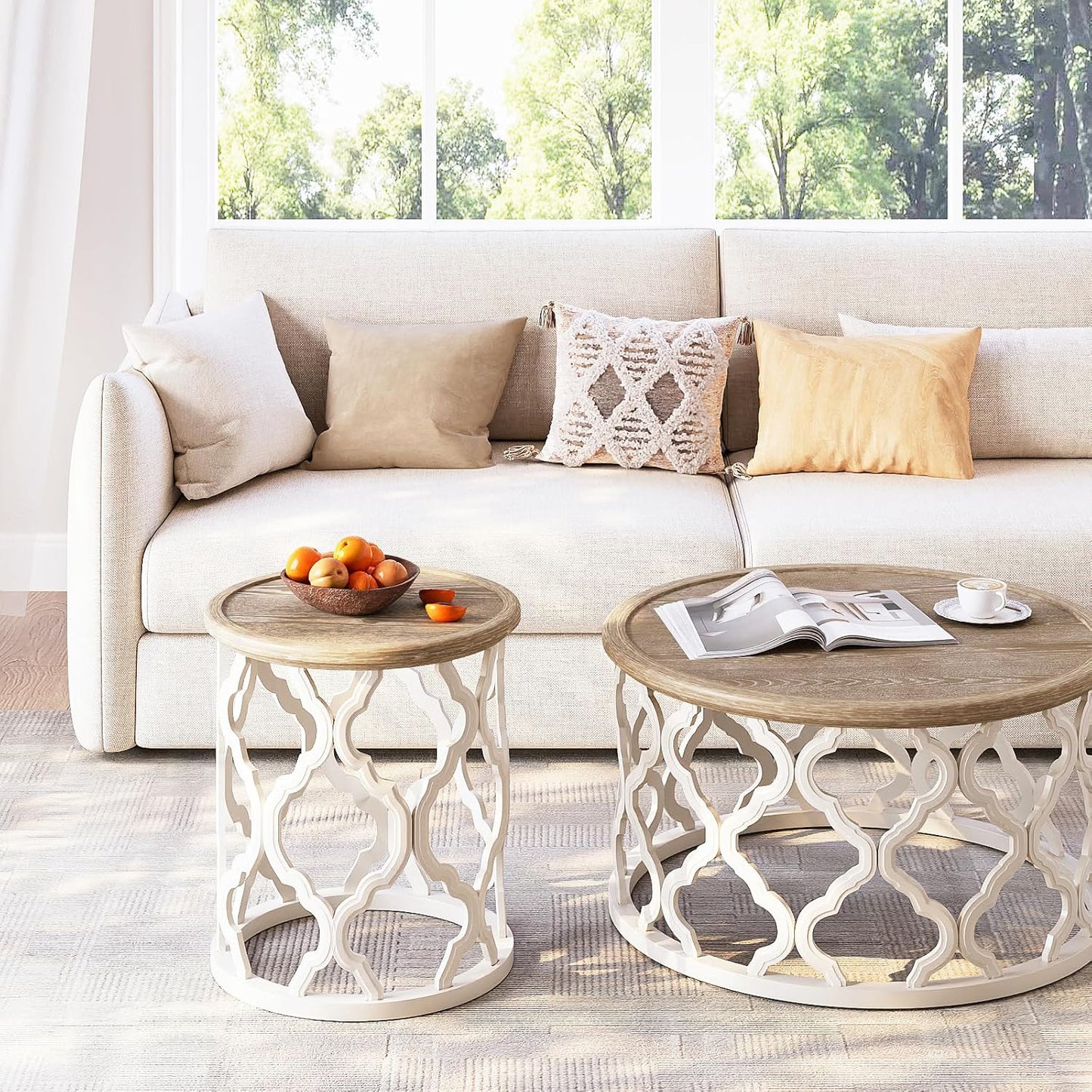 karlott Farmhouse End Table, 18.5'' French Country Round Side Table, Distressed Tray Top Side Table with Curved Motif Frame Base for Boho, End Tables Living Room, Bedroom, Small Space, Easy Assembly