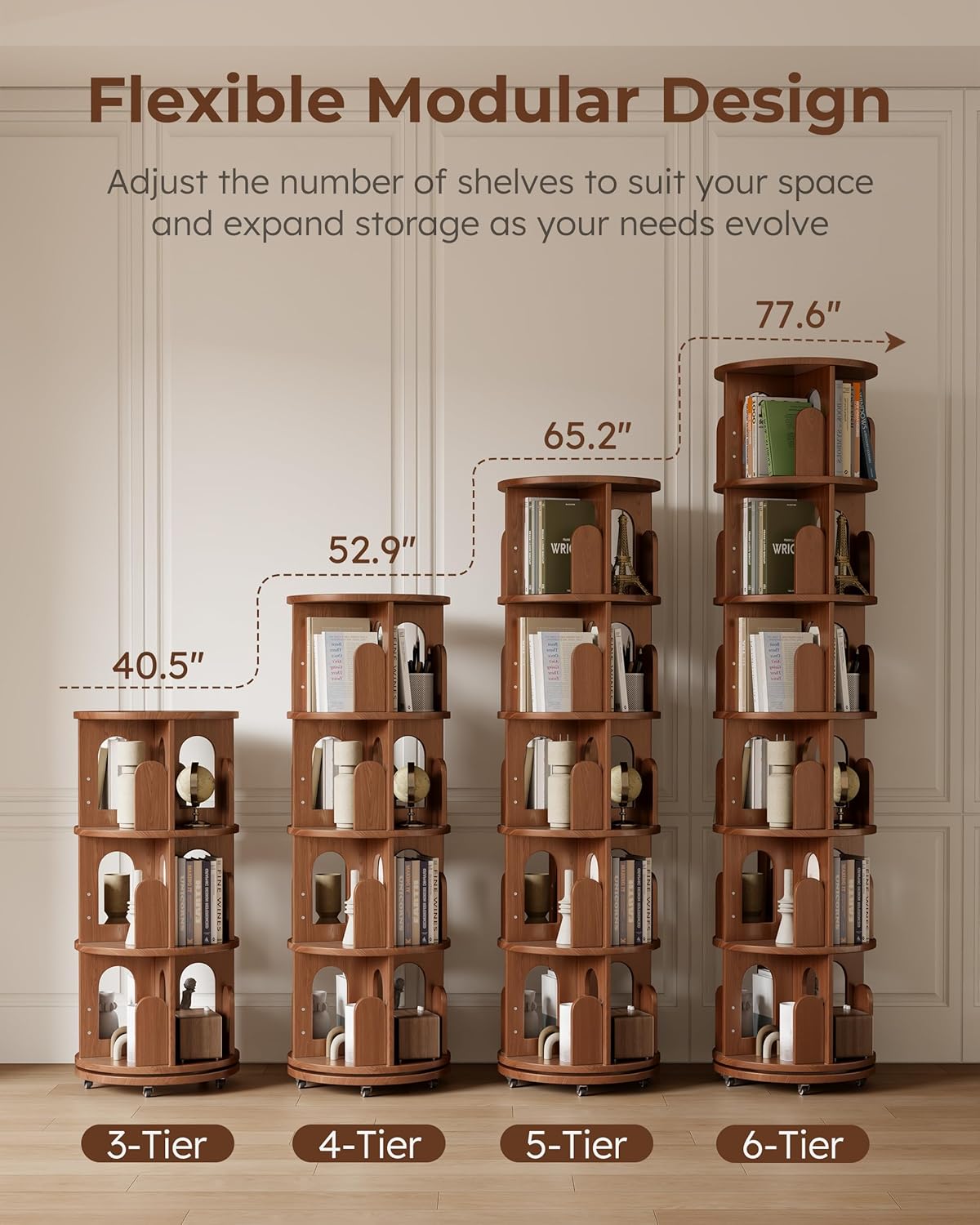 Solid Wood Rotating Bookshelf Tower, 6 Tier Corner Bookshelf with Bookends, Kids Spinning Book Shelf with Wheels, Revolving Bookcase Shelf, Tall Narrow Bookshelves for Small Spaces, Walnut