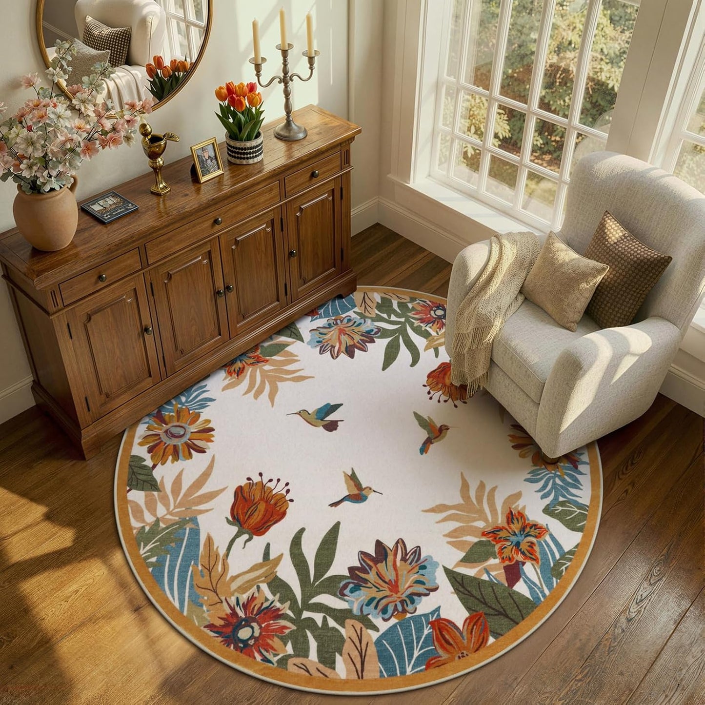 Beeiva Floral Round Area Rug 4ft for Bedroom - Yellow Washable Circle Dining Room Rugs for Under Table, Circular Flower Print Fall Rug Small Carpet for Reading Corner Decor(Yellow,Round 4')