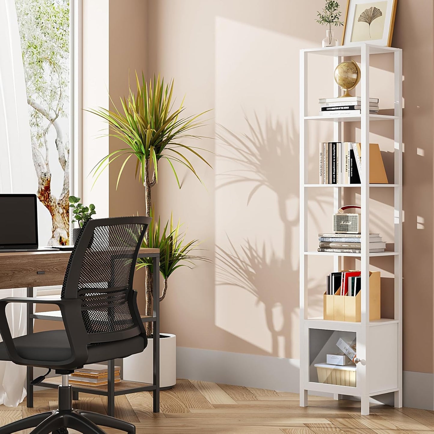 TUTOTAK 6 Tier Bookcase and Bookshelf, Narrow Book Shelf with Door for Small Space, for Living Room, Office, Study, Entryway, White BS03BW006