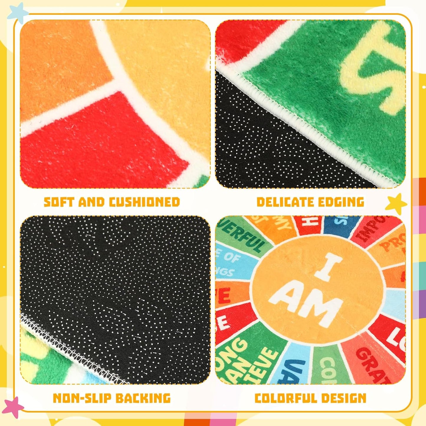 Corner Boho Nursery Sun Rug Positive Words Round 4 ft for Kids Playroom Washable Educational Rug Motivational Soft Circle Mat Back to School for Classroom Reading Dorm(Rainbow Color)