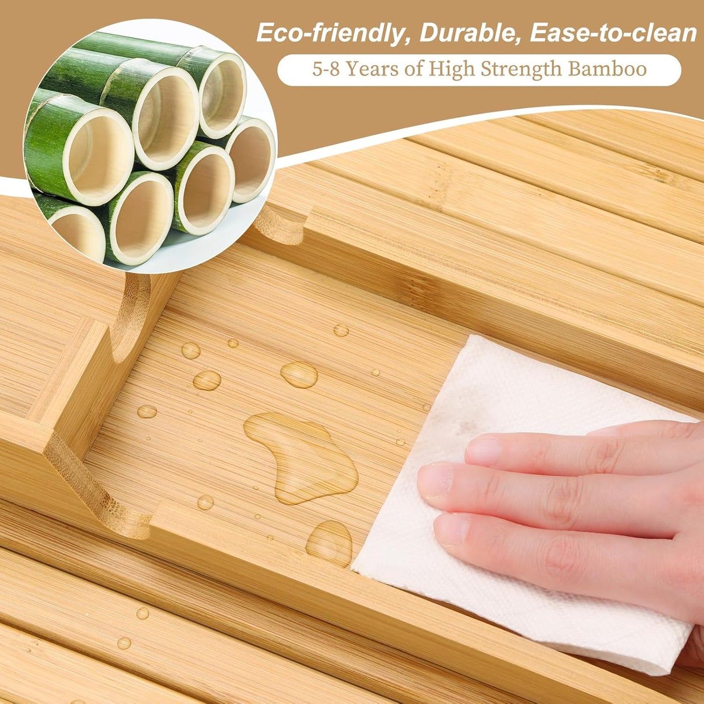 Bamboo Couch Arm Tray with Detachable Cup Holder - 2 in 1 Design, Foldable Anti-Falling Sofa Armrest Tray for Cups, Snacks, Remote