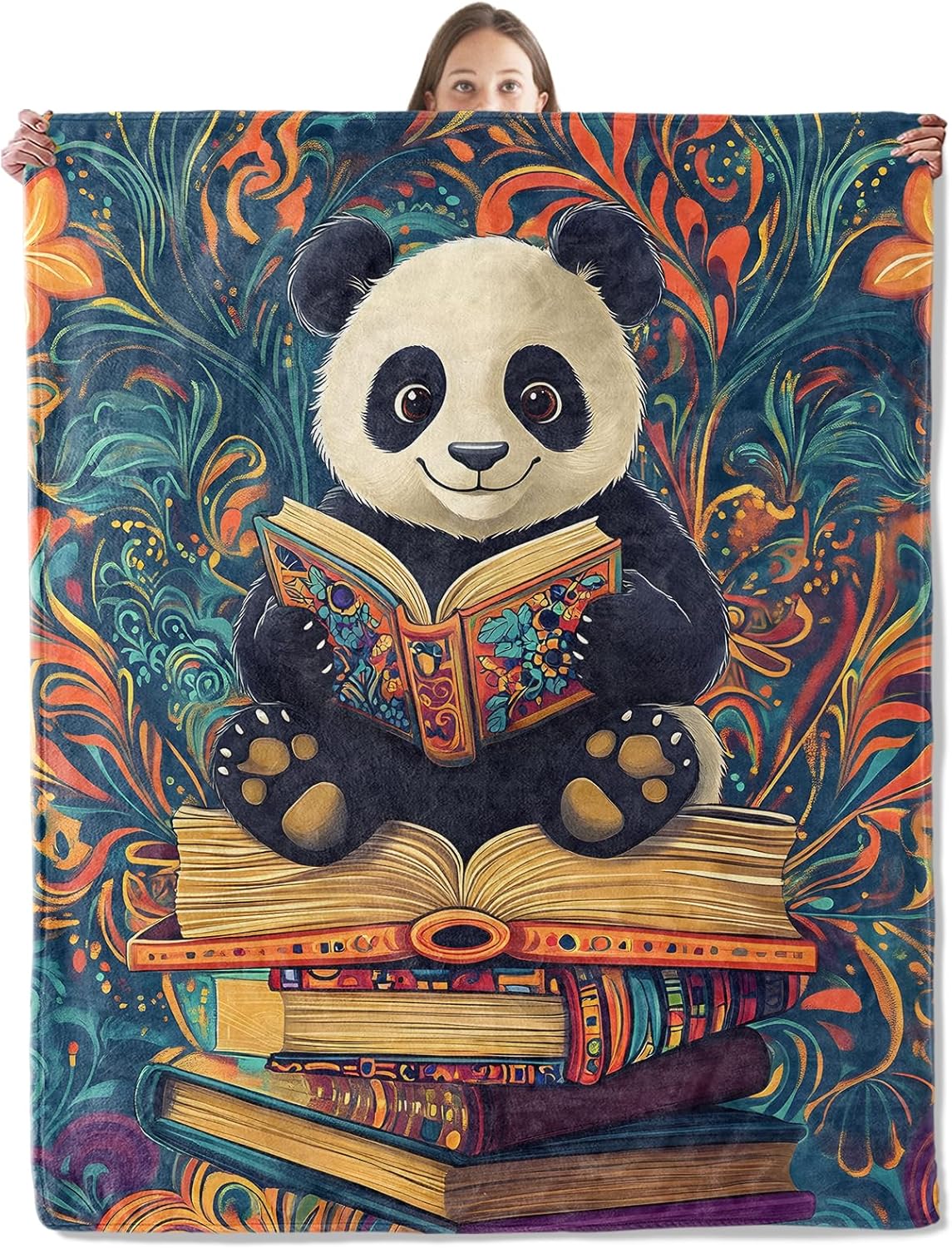 Reading Panda Blanket, Cozy Plush Cute Cartoon Pandas Throw Blanket for Couch Bedroom Outdoor, Lightweight Soft Flannel Travel Blankets, Gifts for Women Adults Kids, Warm Decor 50"×60"