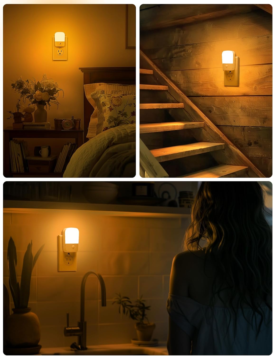 Amber Night Lights Plug into Wall, 2 Pack LED Bedroom Night Light with Dusk to Dawn Sensor, Brightness Adjustable, Plug in Night-Lights Suitable for Nursery, Kids Room, Bathroom