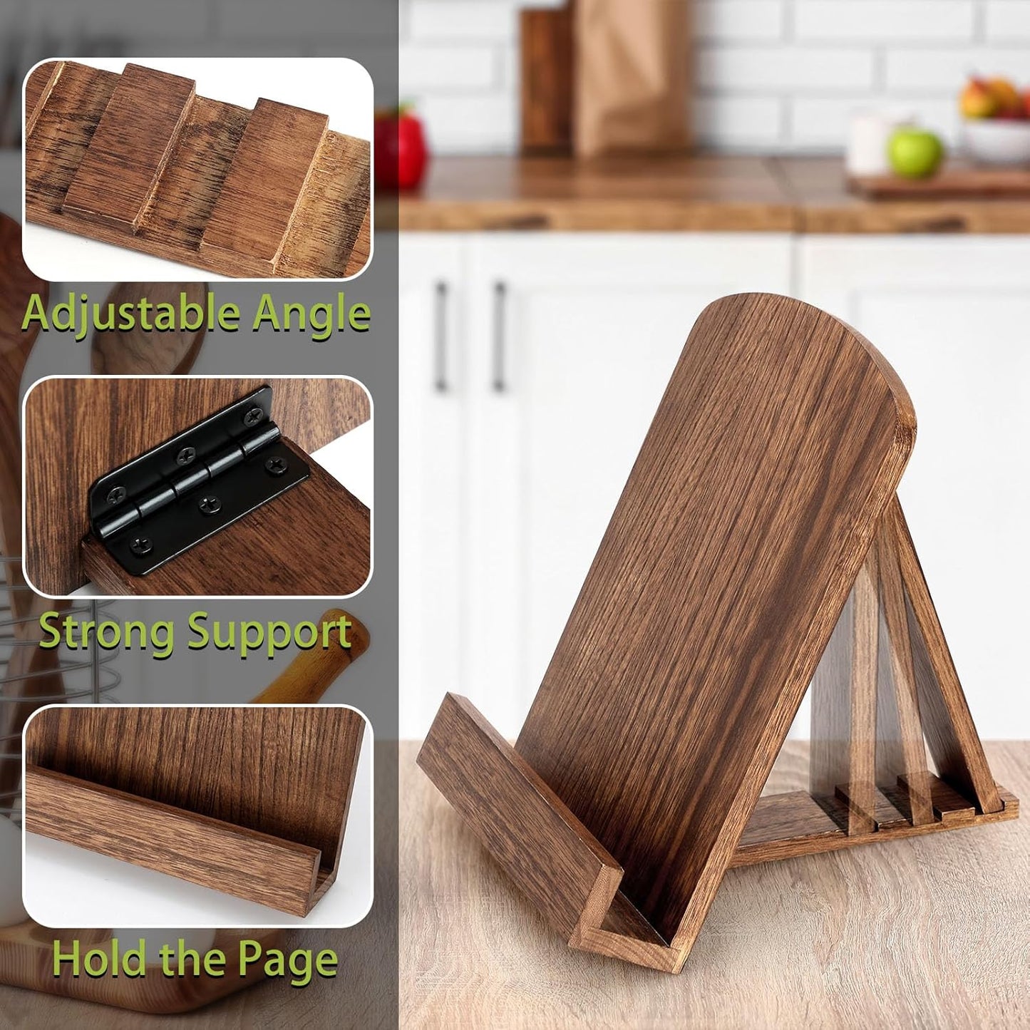 Cookbook Stand for Kitchen Counter, Solid Wood Recipe Book Holder Cook Book Stand with Adjustable Angle for Convenient Cooking, Perfect for Kitchen Countertop Decor