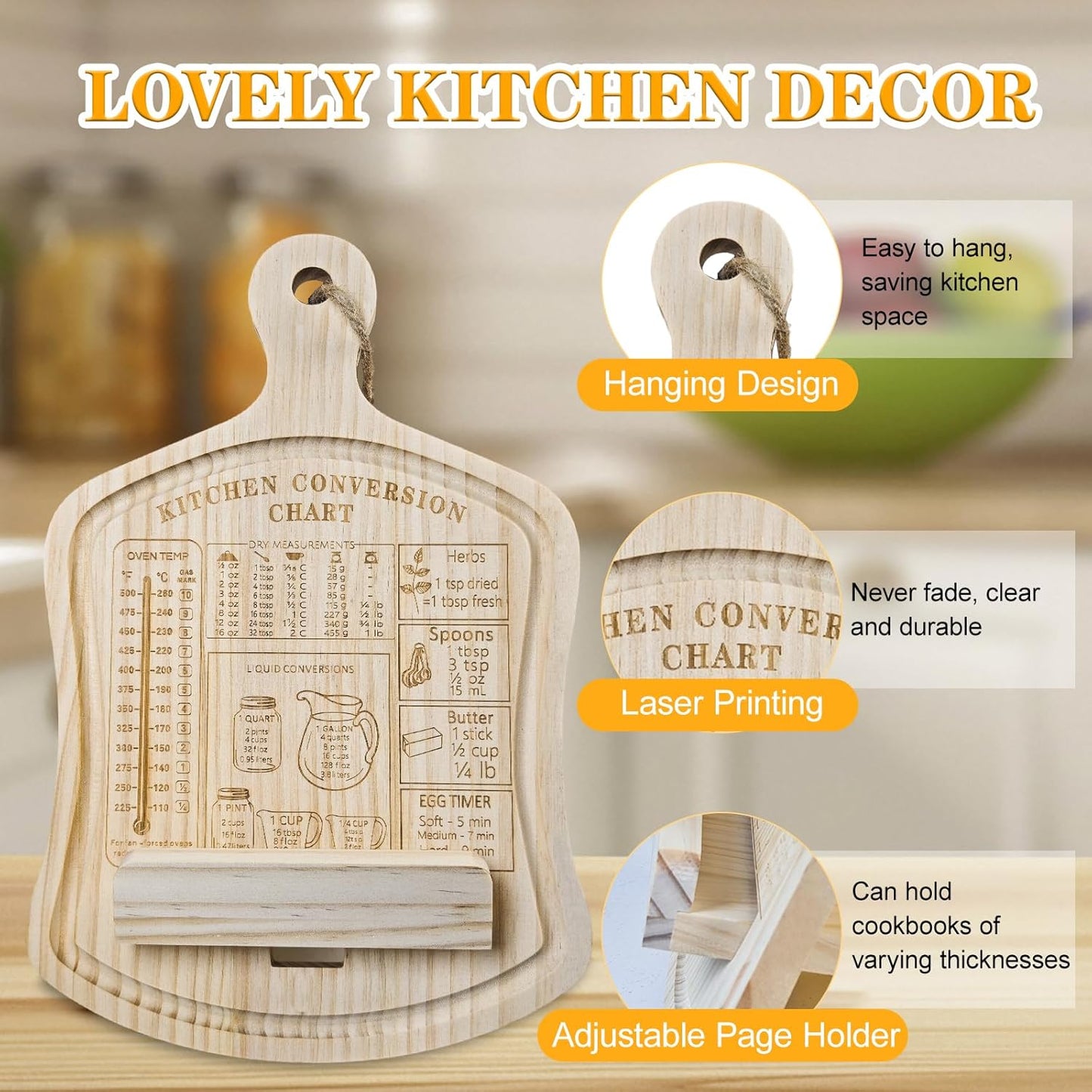 Cookbook Stand for Kitchen Counter, Recipe Book Holder with Kitchen Conversion Chart, Wood Cook Book Holder