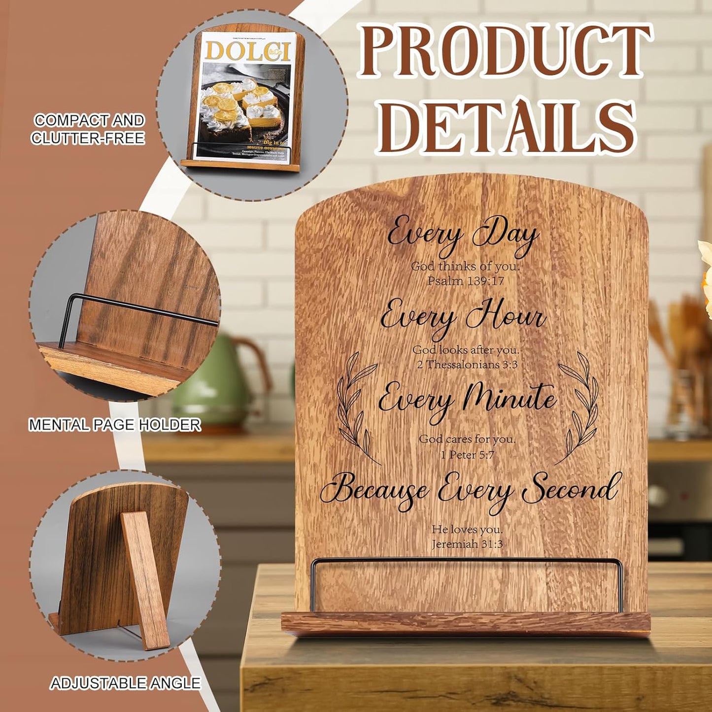 Bible Verse Cookbook Stand for Kitchen Counter Adjustable Recipe Book Holder Wood Tablet Stand Foldable Cookbook Holder Kitchen Decoration for Easter Wedding Mother Grandma Women Gift