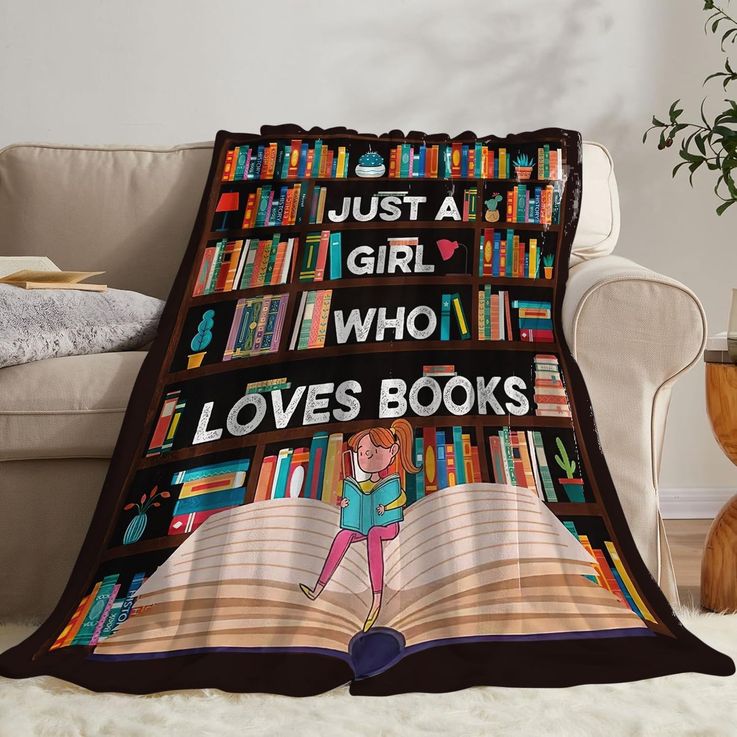 Book Blanket Just A Girl Who Loves Books Throw Blanket Stuff Decor Merch Cozy Flannel Soft Warm Plush Lightweight Bedding Gifts for Girl Woman Sofa Bedding Couch 50"X40"