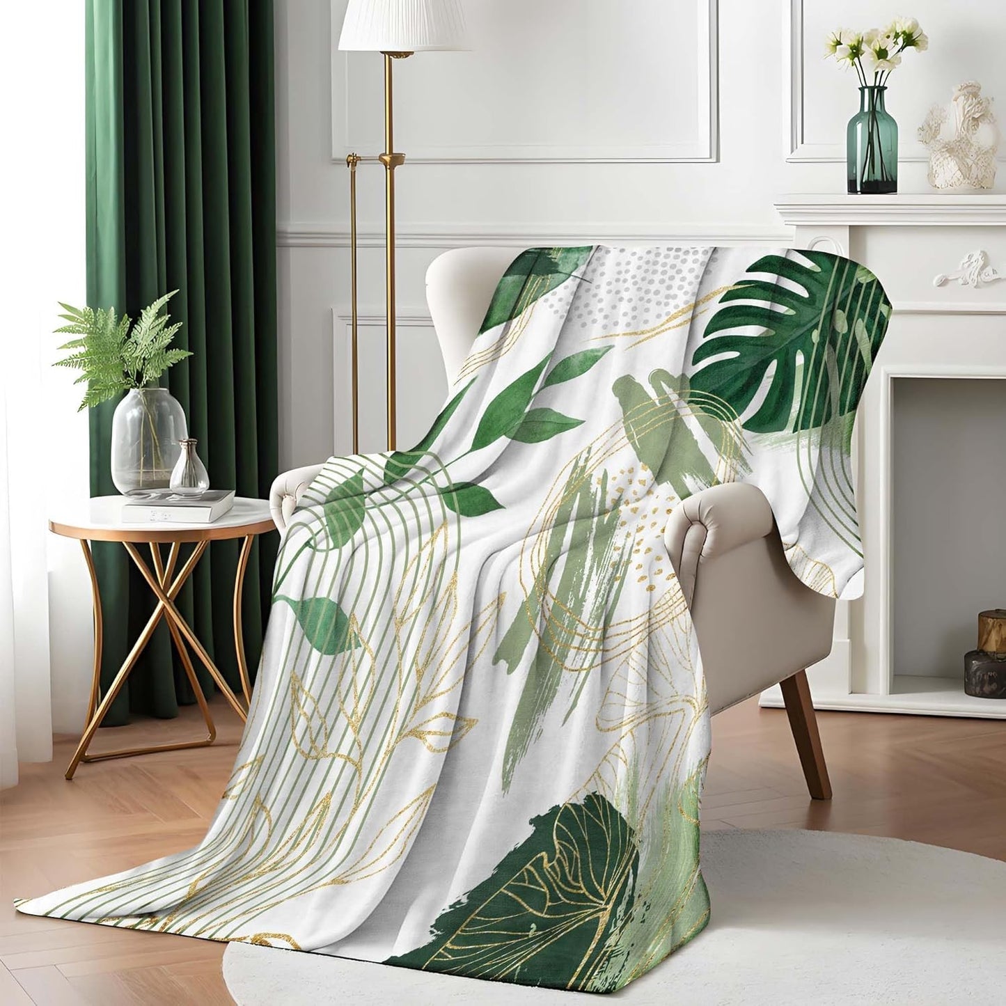 Sage Green Leaf Twin Blanket Mid-Century Green and Gold Boho Flannel Blankets for Bed Living Room Sofa, Decorative Patterned Super Soft Cozy, 60x80 in