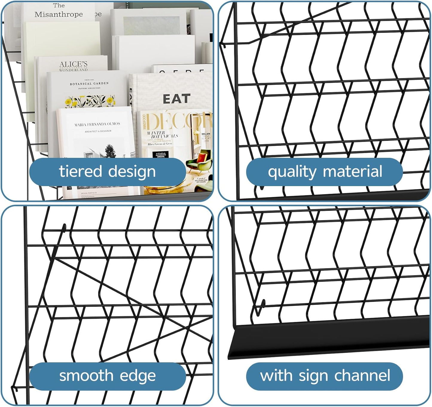 6-Tier 30" Wide Metal Magazine Holders,Wire Countertop Rack with Sign Channel,Retail Book Brochure Magazine Display Stand Literature Greeting CD Card Rack for Book Signing,Vendor Booth