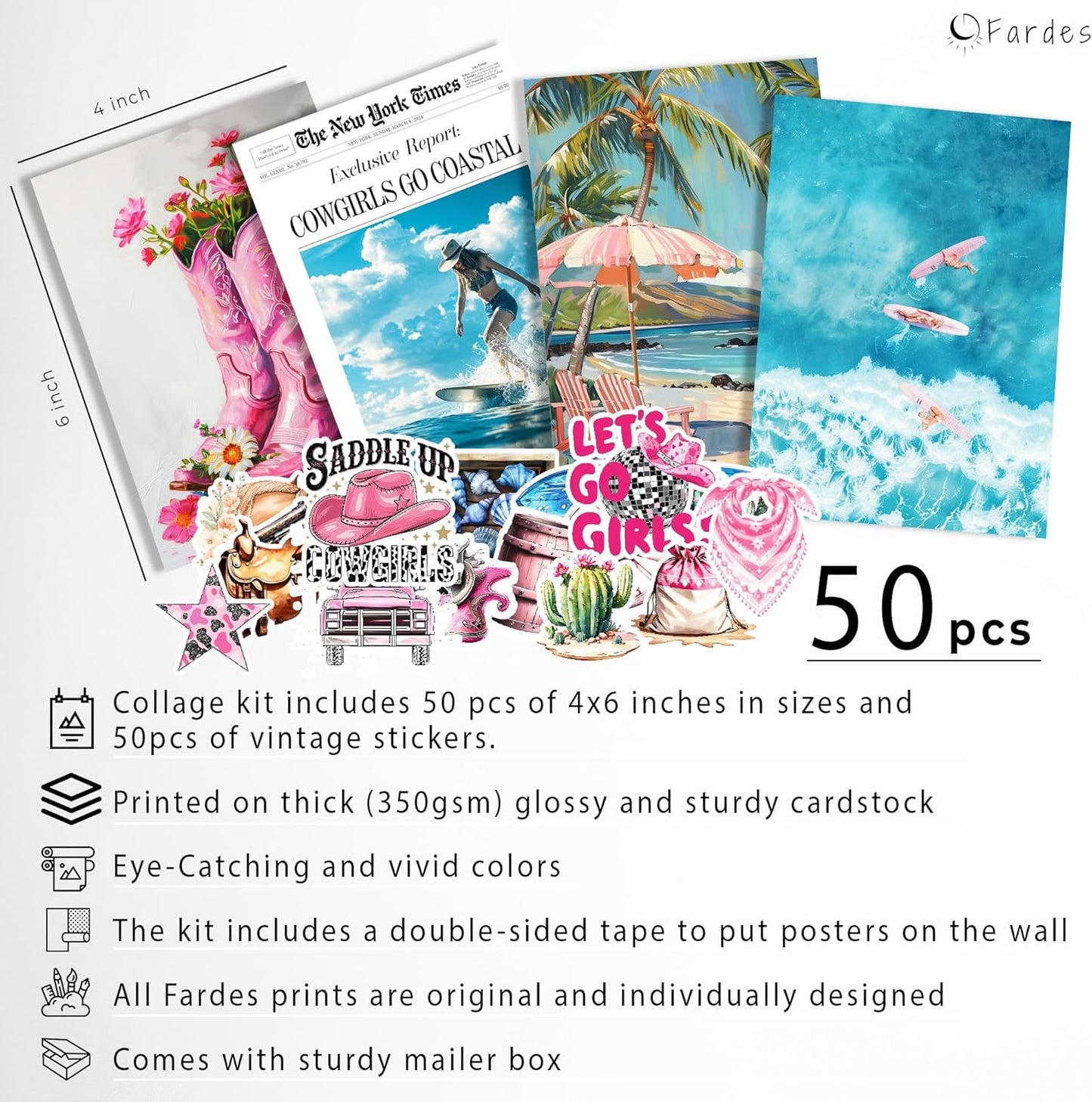 Fardes Cowgirl Wall Art Aesthetic Prints, Wall Collage Kit with 50pcs Coastal Posters for Beachy Granddaughter Room Decor