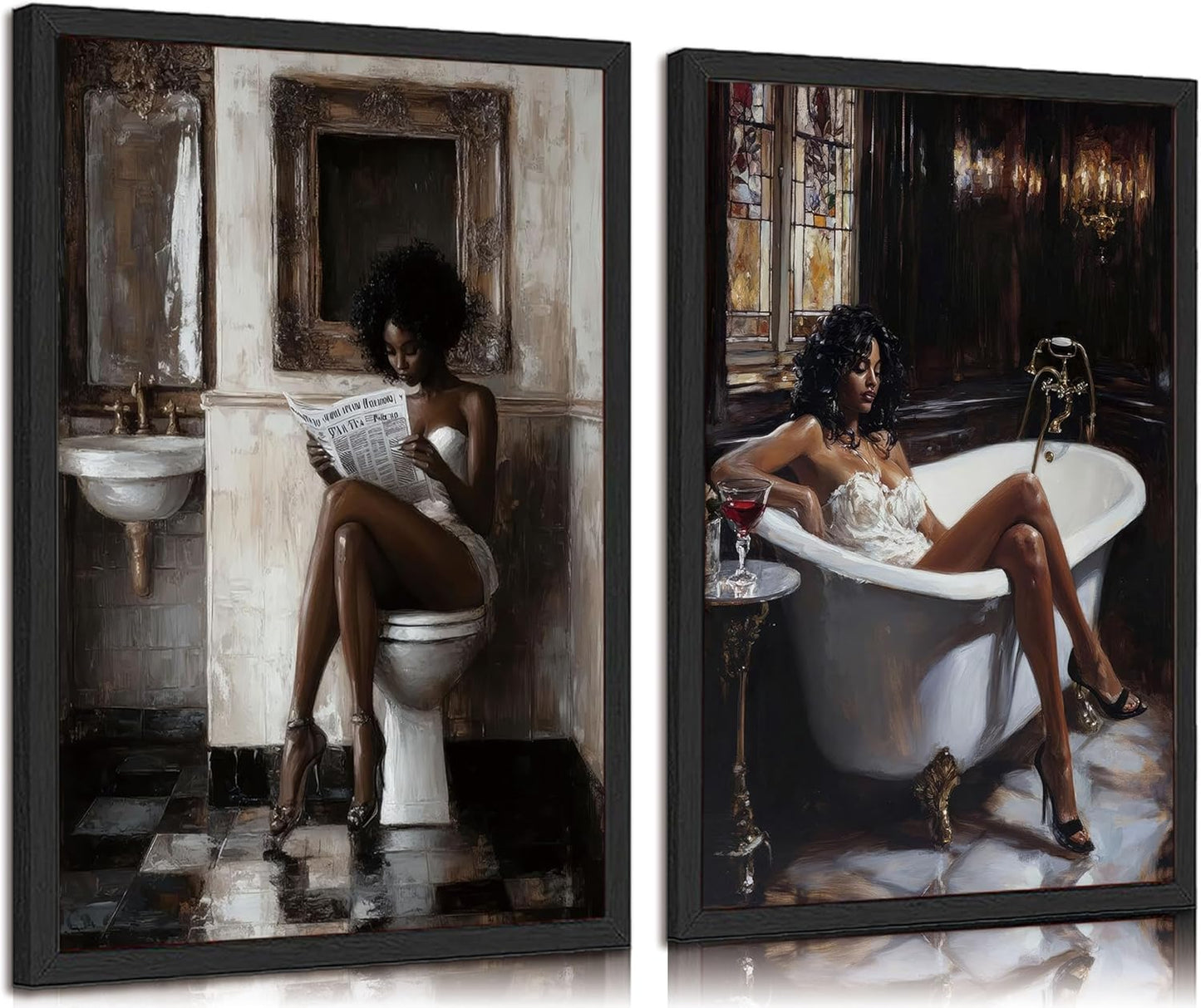 2pcs Black Women Bathroom Canvas Wall Art African American Bathroom Posters Prints Paintins Fashion Black Girl Reading Newspaper Wall Decor Pictures for Toilet Restroom Furniture Decoration Unframed