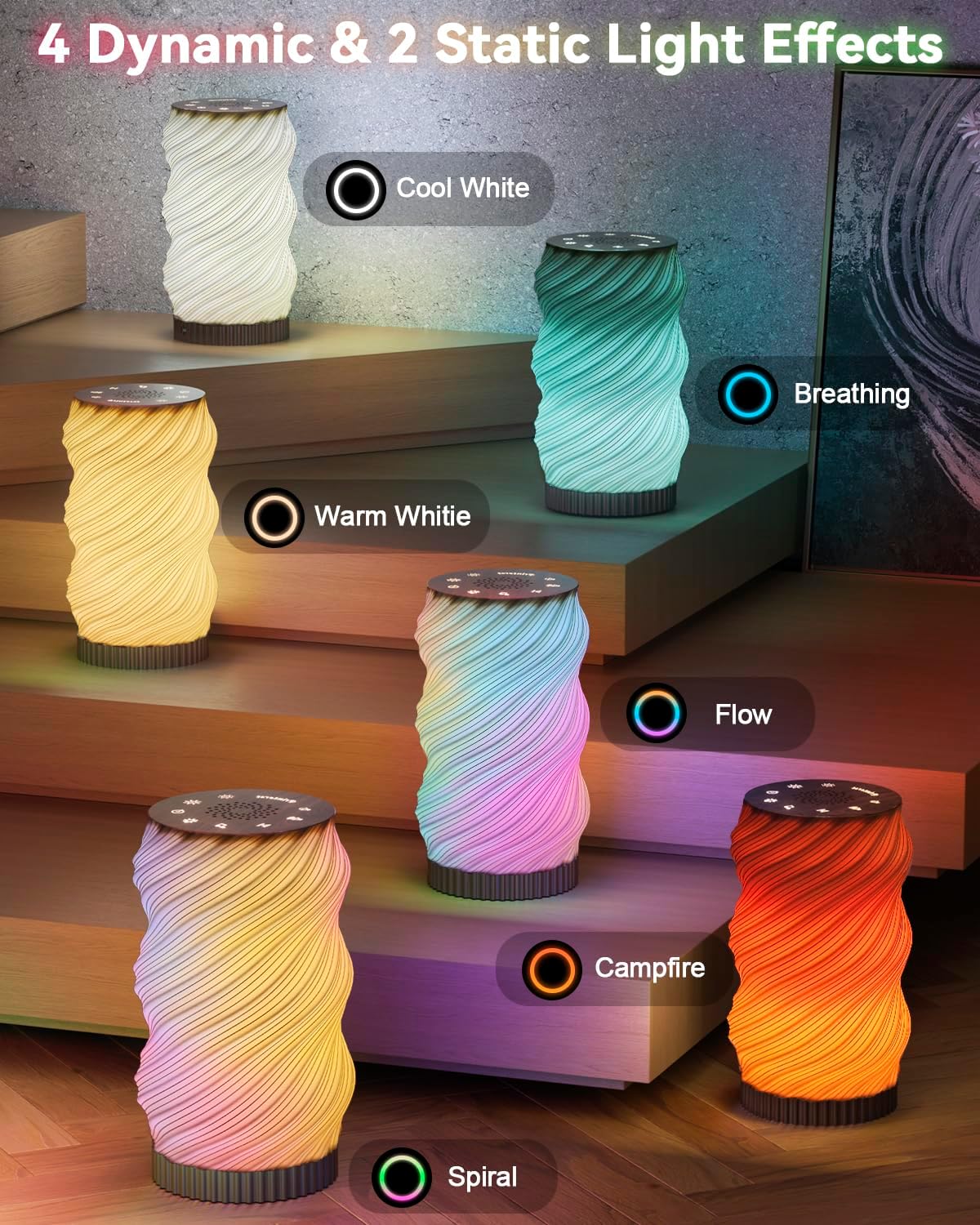 Touch Bedside Lamp with Sound Machine for Adults, Dimmable Night Light for Bedroom, 3-in-1 Bluetooth Speaker & White Noise Machine for Sleeping, Relaxation Dynamic Mood Lighting (Campfire/Breathing)