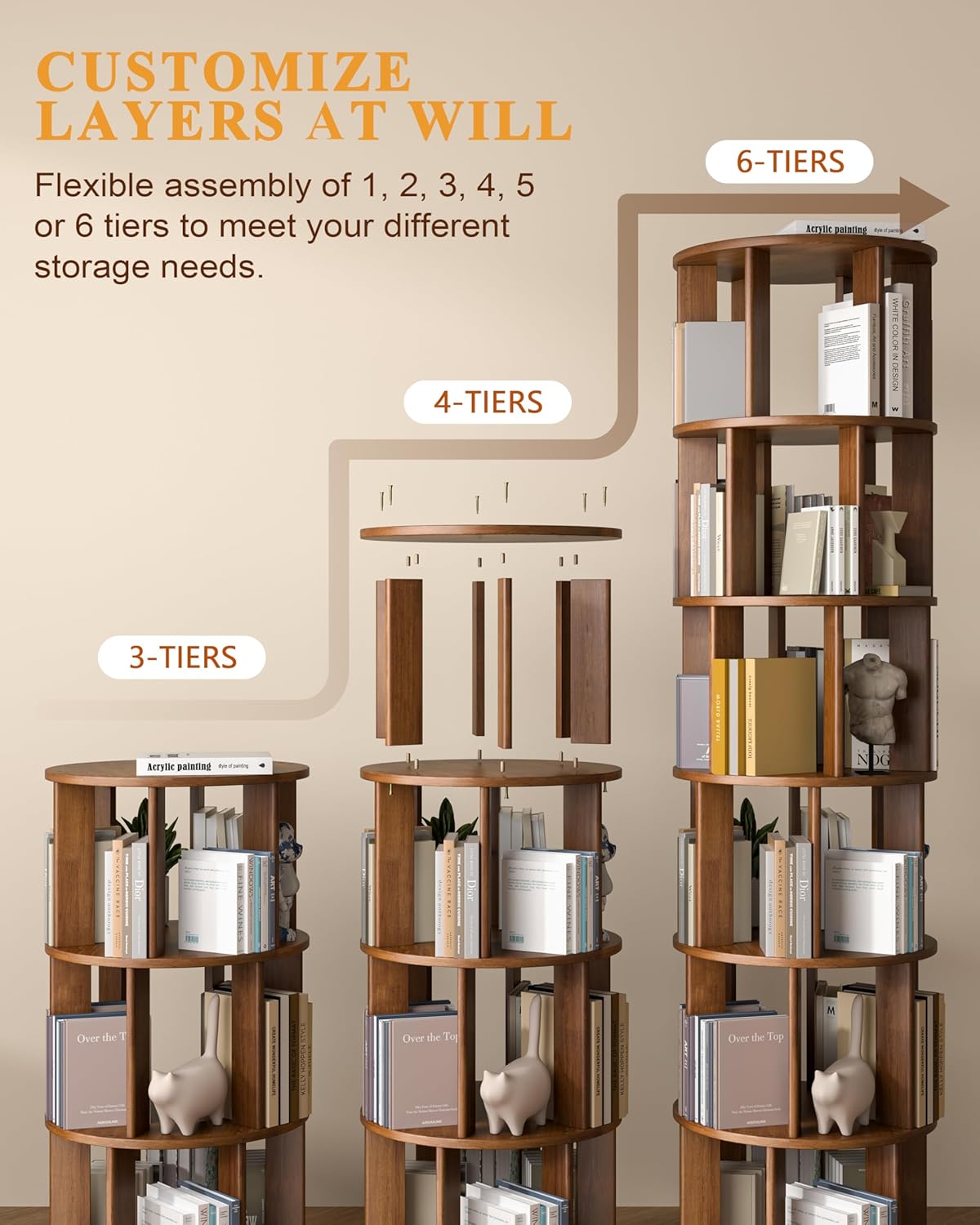 Rotating Bookshelf, 6-Tier Solid Wood Revolving Bookcase on Wheels, 360° Spinning Bookshelf Tower with Lockable Casters, Tall Round Book Tower for Home Office, Living Room, Bedroom, Walnut
