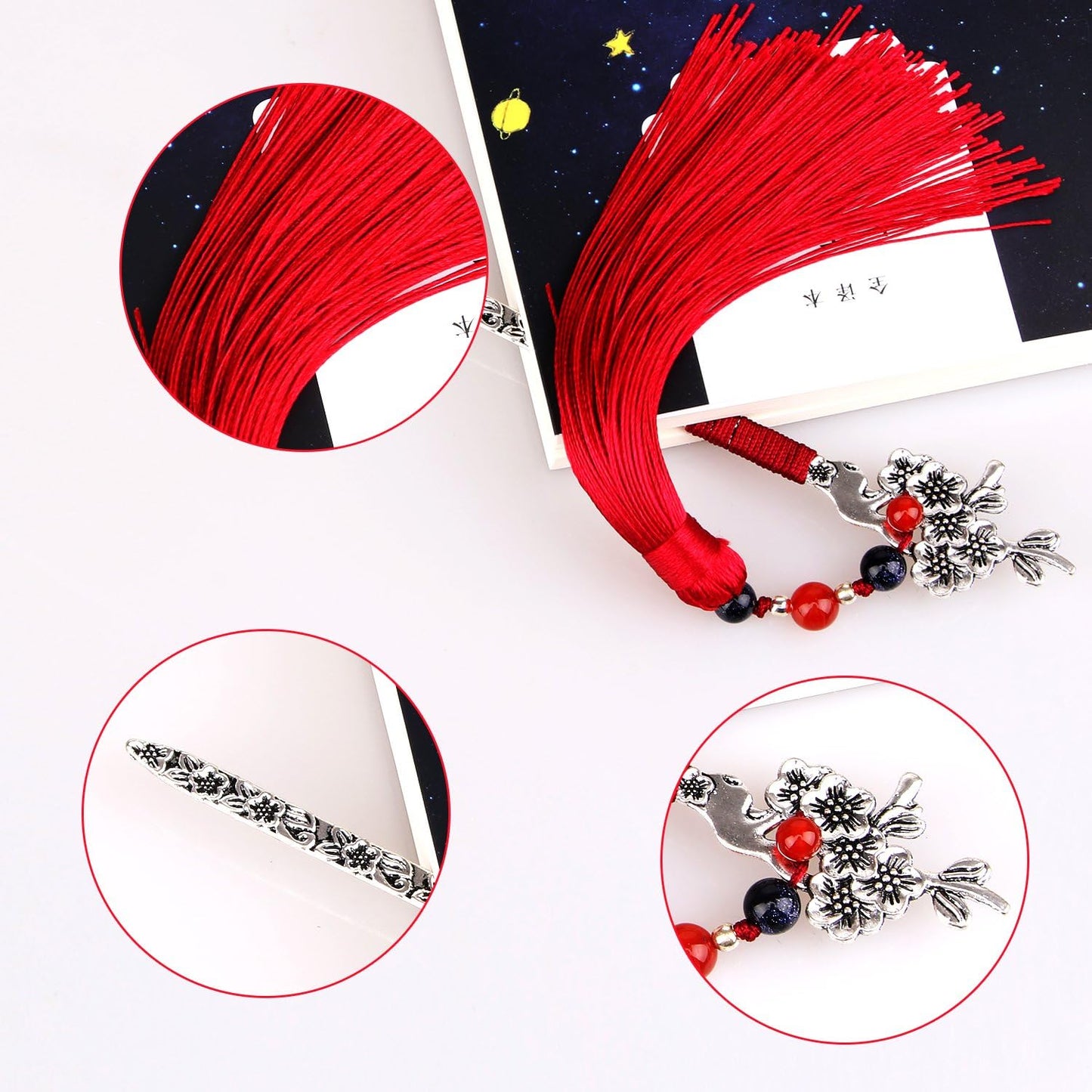 Chinese Metal Bookmarks with Tassel, Vintage Bookmark Unique Classical Ancient Chinese Hairpin Bookmark with Handmade Silky Tassel for Book Lovers Unique Gift