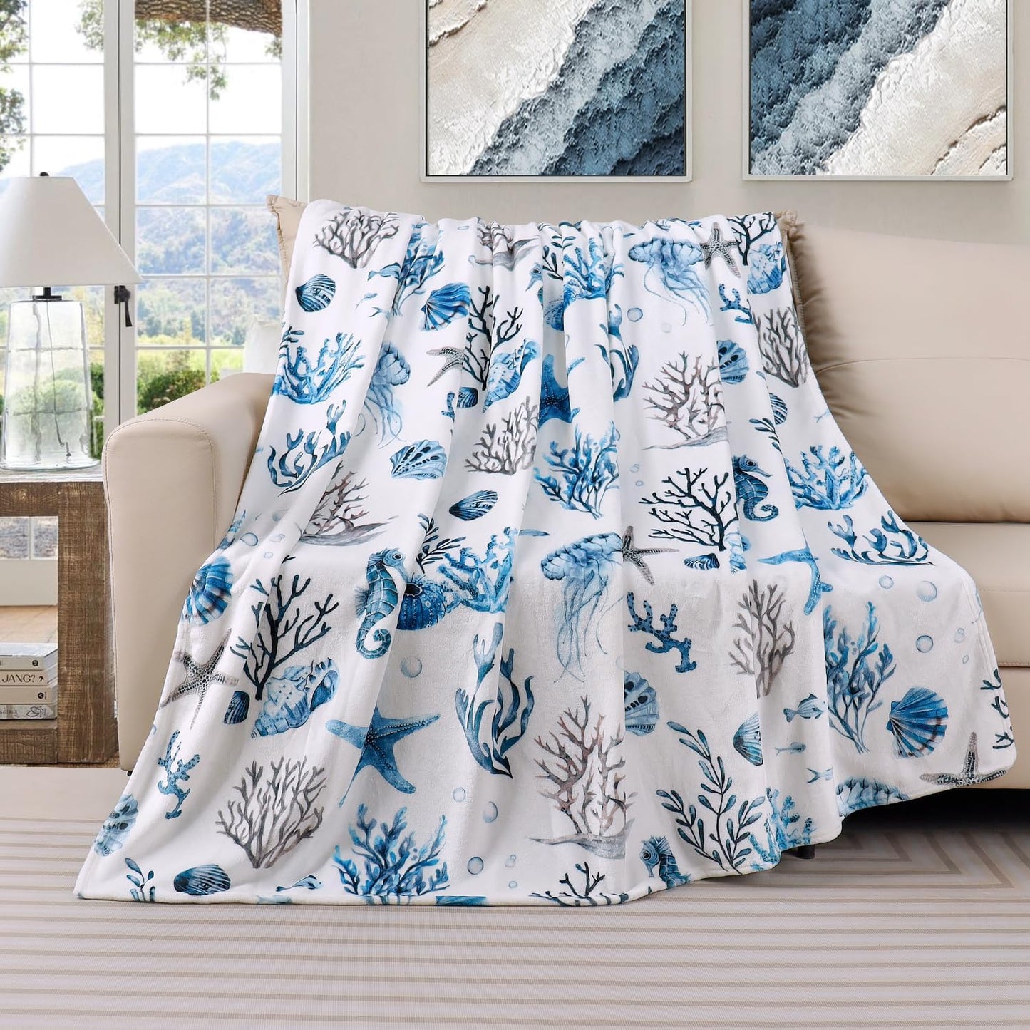Nautical Coastal Throw Blanket Ocean Beach Throw Blanket Starfish Coral Jellyfish Shell Ocean Theme Warm Cozy Blankets Super Soft Plush Flannel Fleece Blankets for Couch Sofa 60"x80"