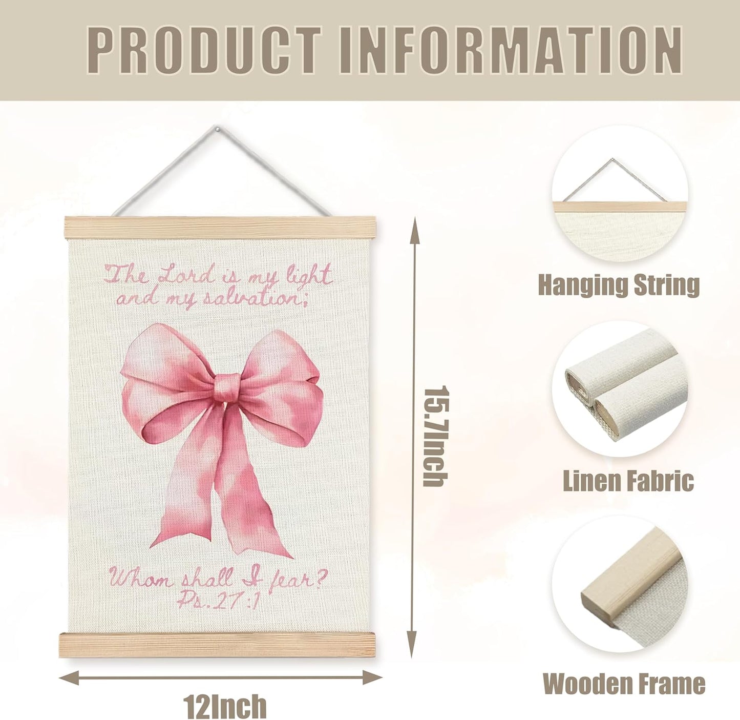 WUCHJ Coquette Pink Bow Christian Wall Art Poster, Girl Nursery Decor, Christian Psalm 27:1 Bible Verse Aesthetic Canvas Prints Artwork for Girls Bedroom Playroom Church Decor, 12x16 Inch