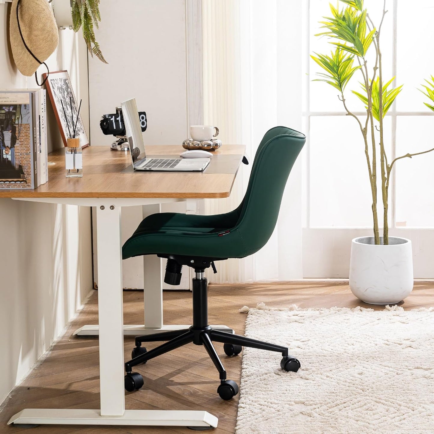 YOUTASTE Dark Green Armless Office Chair, Modern Adjustable Swivel Desk Chair with Wheels, Upholstered PU Leather, Black Metal Legs, Back Support for Home Office, Study, Vanity, Bedroom
