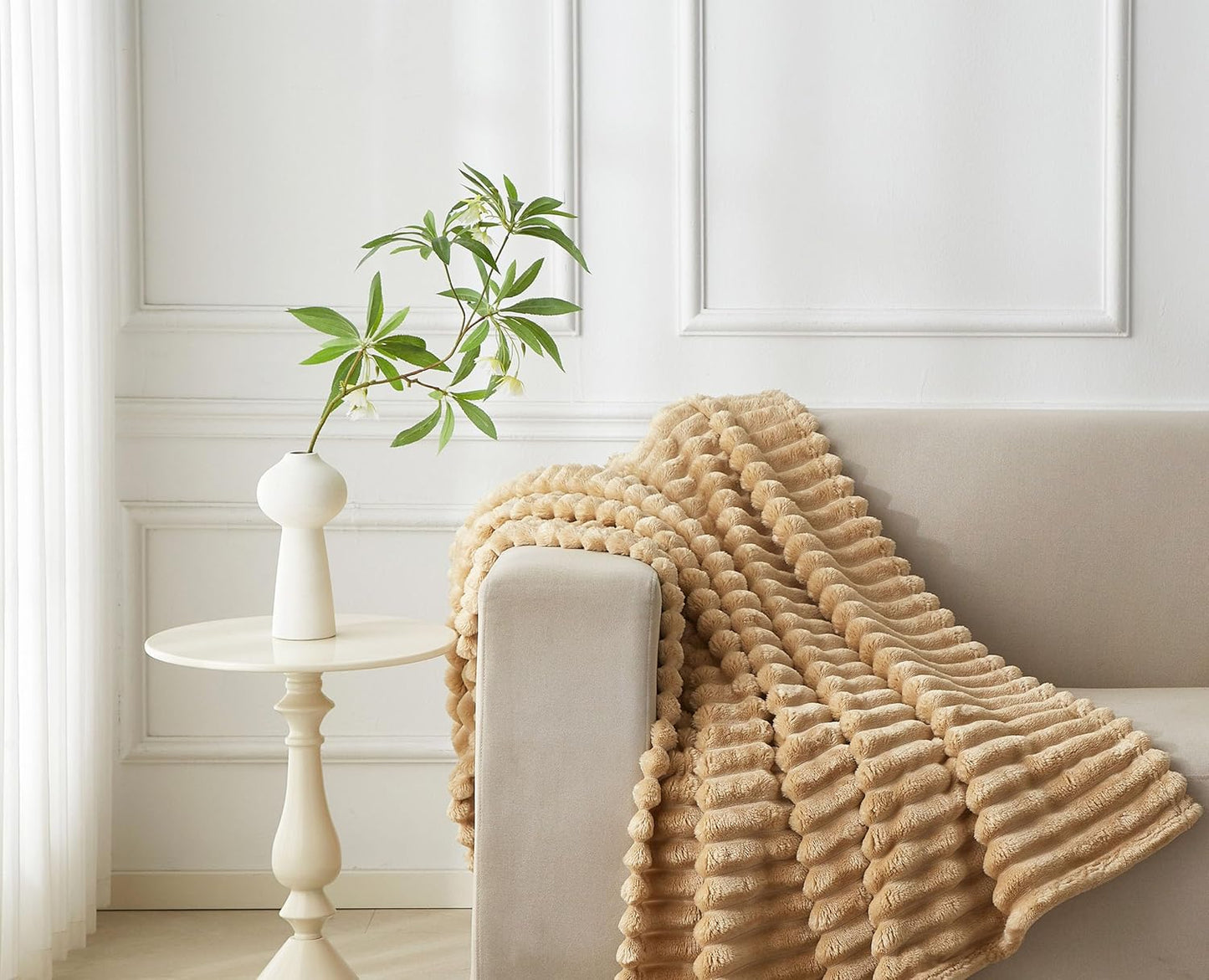 380GSM Heavyweight Ribbed Textured Fleece Blanket, Substantial Weight Warm Nap Throw, Neutral Aesthetic Apartment Essentials, Beige, 50"x60"