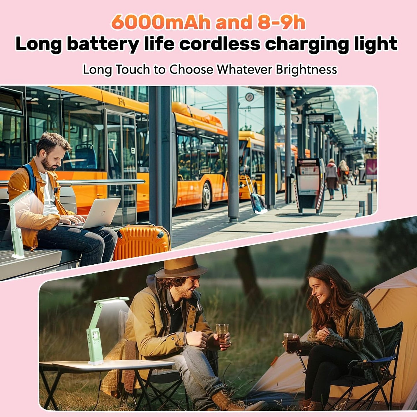 VAVOFO Cute Desk Lamp, Foldable & Portable LED Lamp with 6000mAh Rechargeable Battery, 3 Color Modes, USB-C Cordless Study Lamp for Bedroom, Office, Kids Room (Pink)