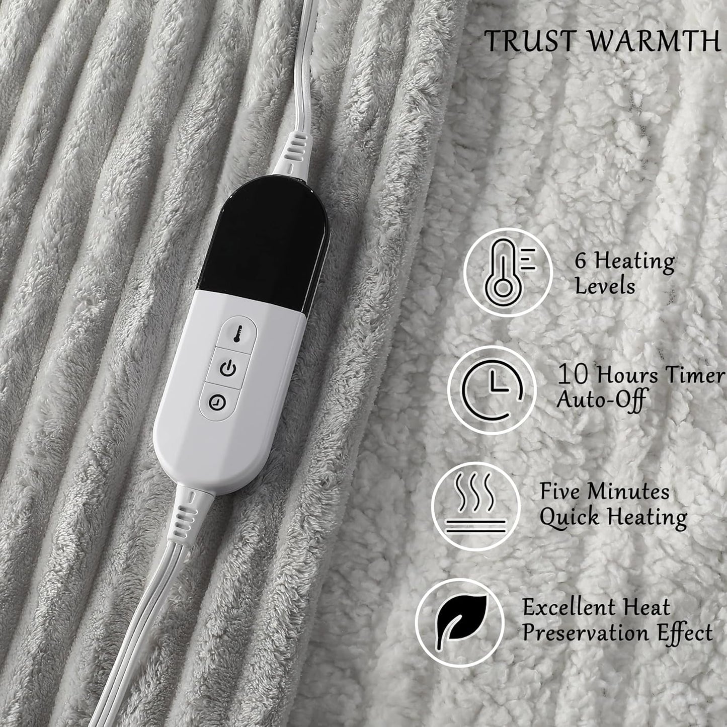 Electric Blanket Heated Full Blanket, Super Soft Flannel & Sherpa Electric Full Blanket with 6 Fast Heating Levels, 10 Hours Auto Off & OverHeat Protection, Machine Washable, 72'' X 84'', Light Gray