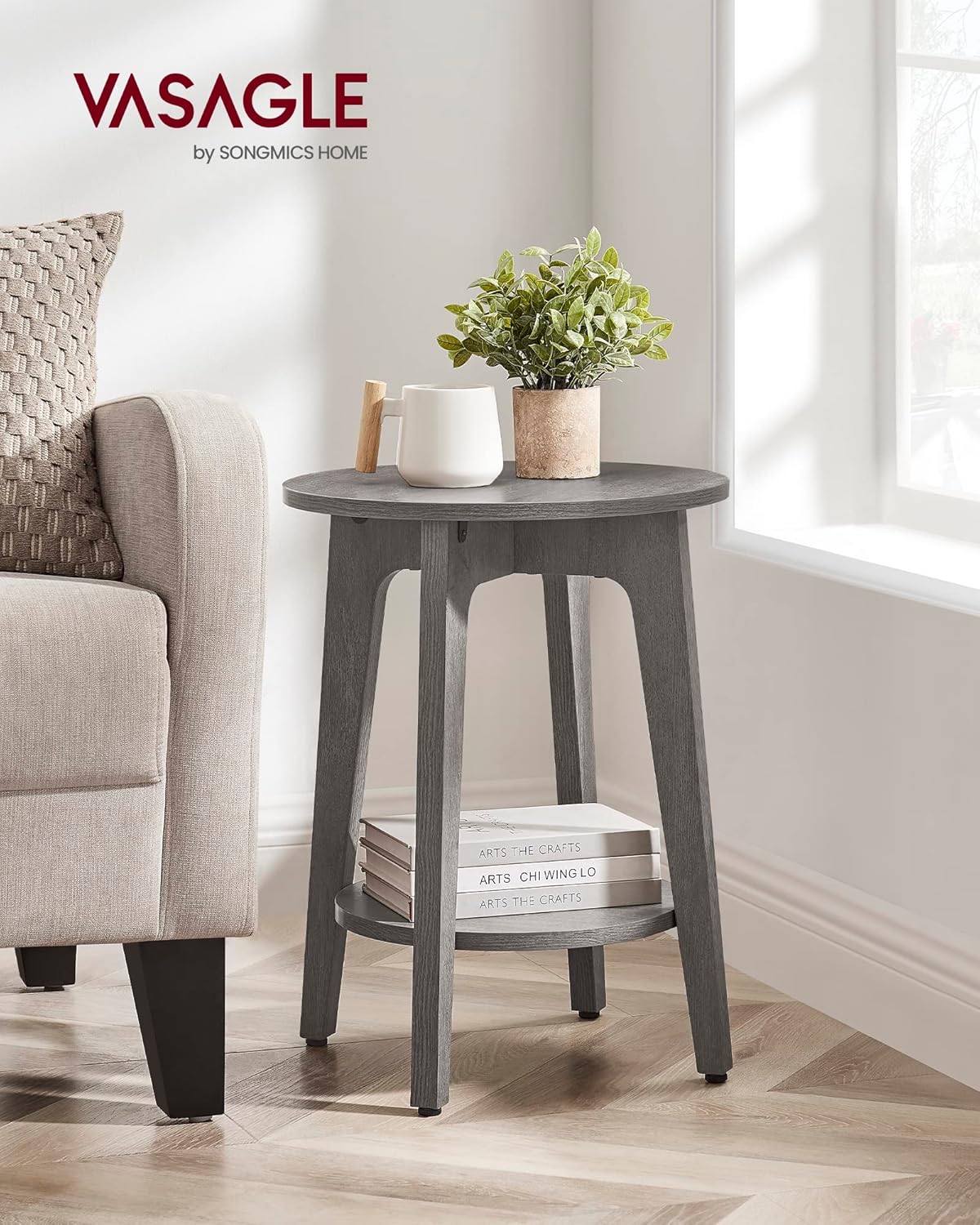 VASAGLE MAEZO Collection - Side Table, 2-Tier Small Round End Table, Nightstand with Tapered Legs, Curved Transitions, for Small Spaces, Living Room, Bedroom, Smoky Gray ULET283T68